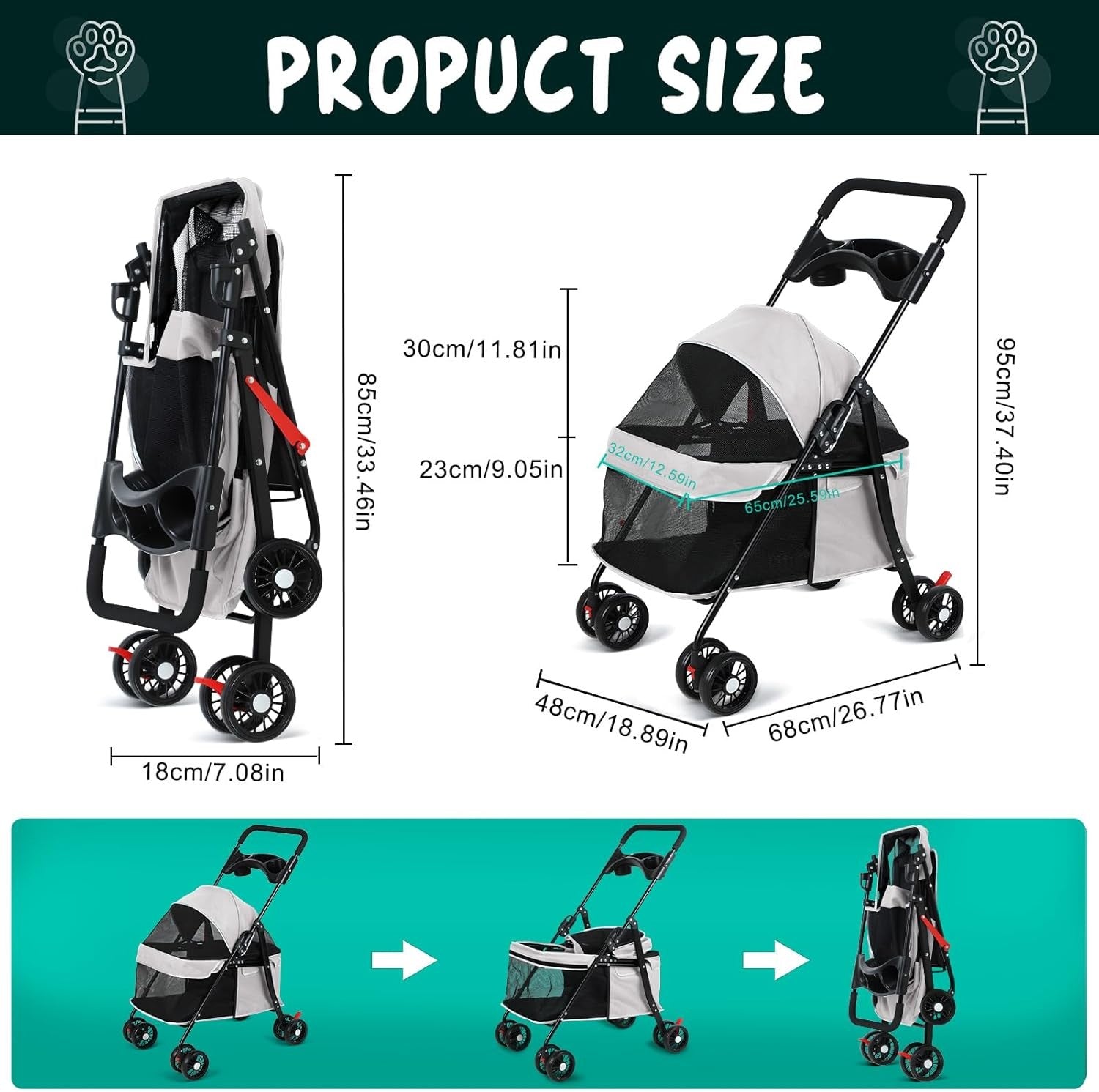 Pet Stroller for Dogs & Cats 4 Wheel Foldable Travel Pram Mesh