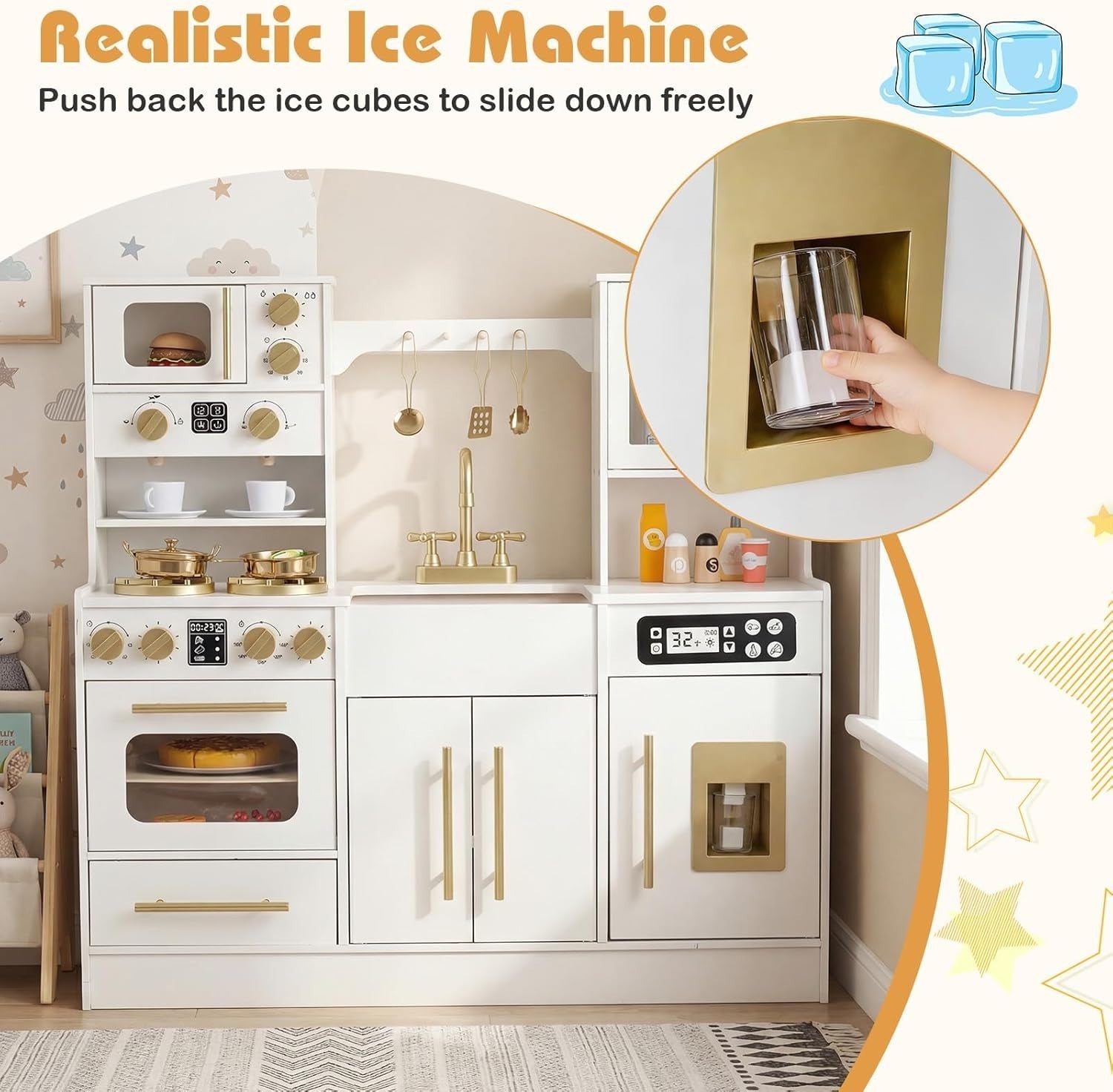 Kids Wooden Play Kitchen Lights Sounds Ice Maker Coffee Station