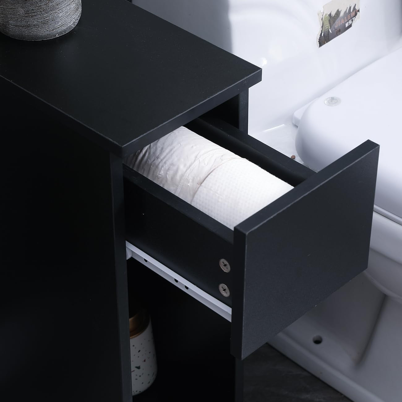 Slim Black Bedside Table with Shelf & Drawer, Modern Narrow Nightstand Storage