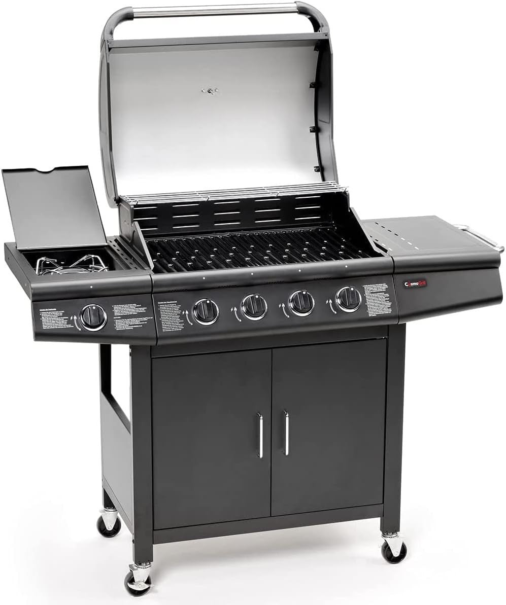 4+1 Gas BBQ Grill with Side Burner, 54x135x110cm, Storage Cabinet, Wheels, Cover
