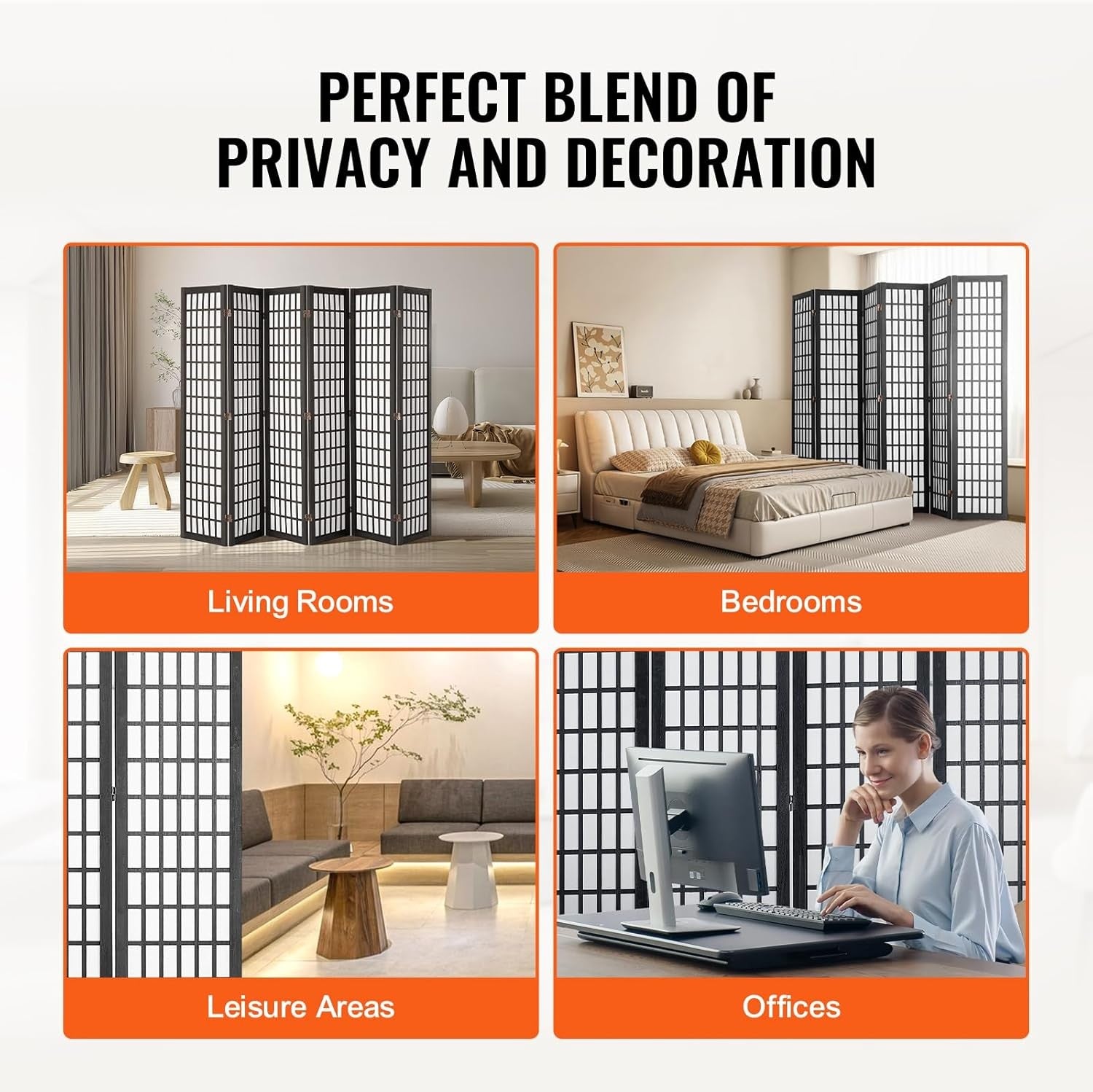 6 Panel Japanese Folding Room Divider Black Wood Privacy Screen 242x170cm