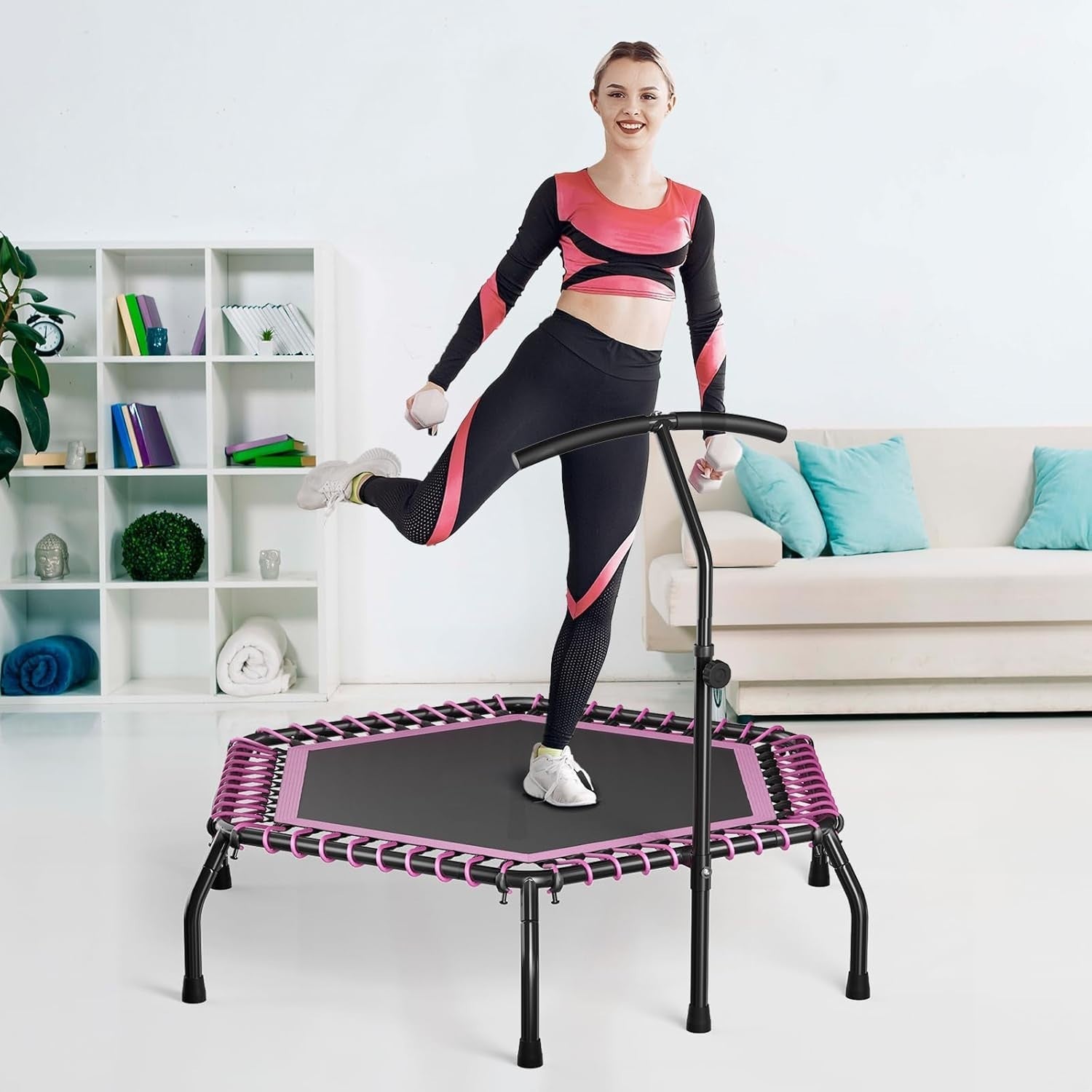 48in Indoor Fitness Rebounder with Quiet Bungees Adjustable T-Bar