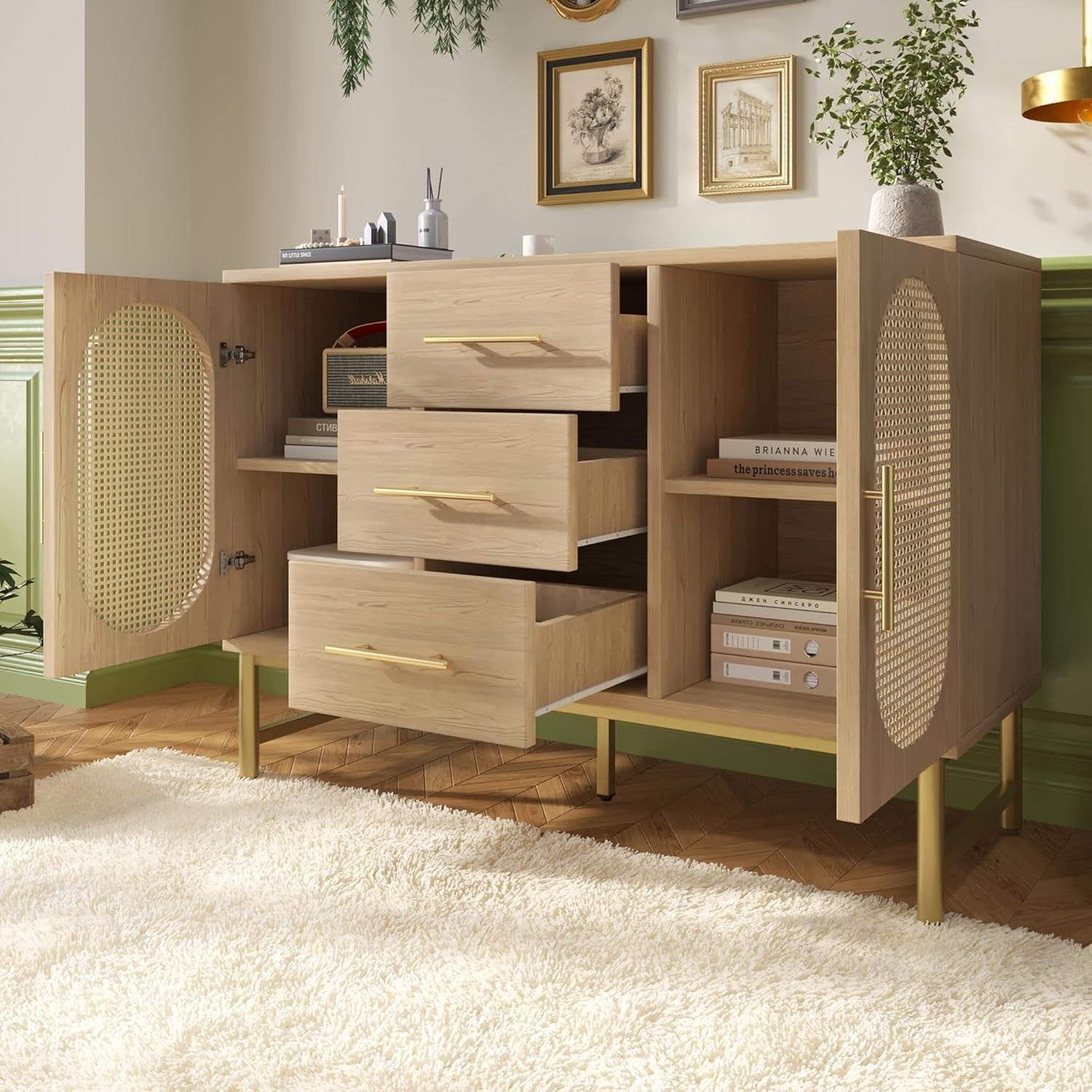 Rattan Sideboard Oak Storage Cabinet 3 Drawers 2 Doors 120cm Boho Chic