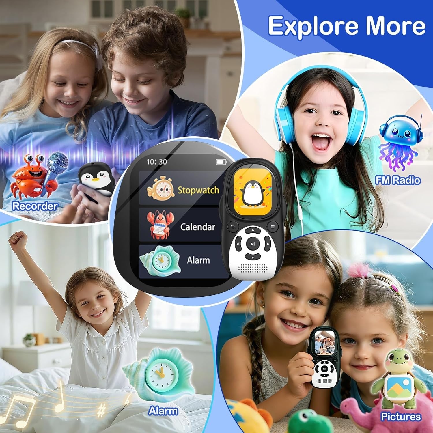 Kids MP3 Player 64GB Bluetooth 5.3 Penguin FM Speaker Recorder