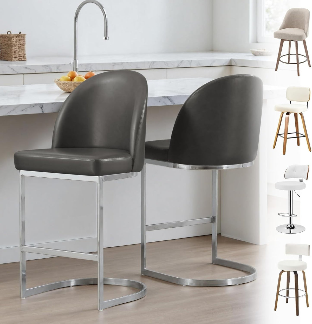 Set of 2 Counter Height Bar Stools PU Leather Swivel Kitchen Chairs