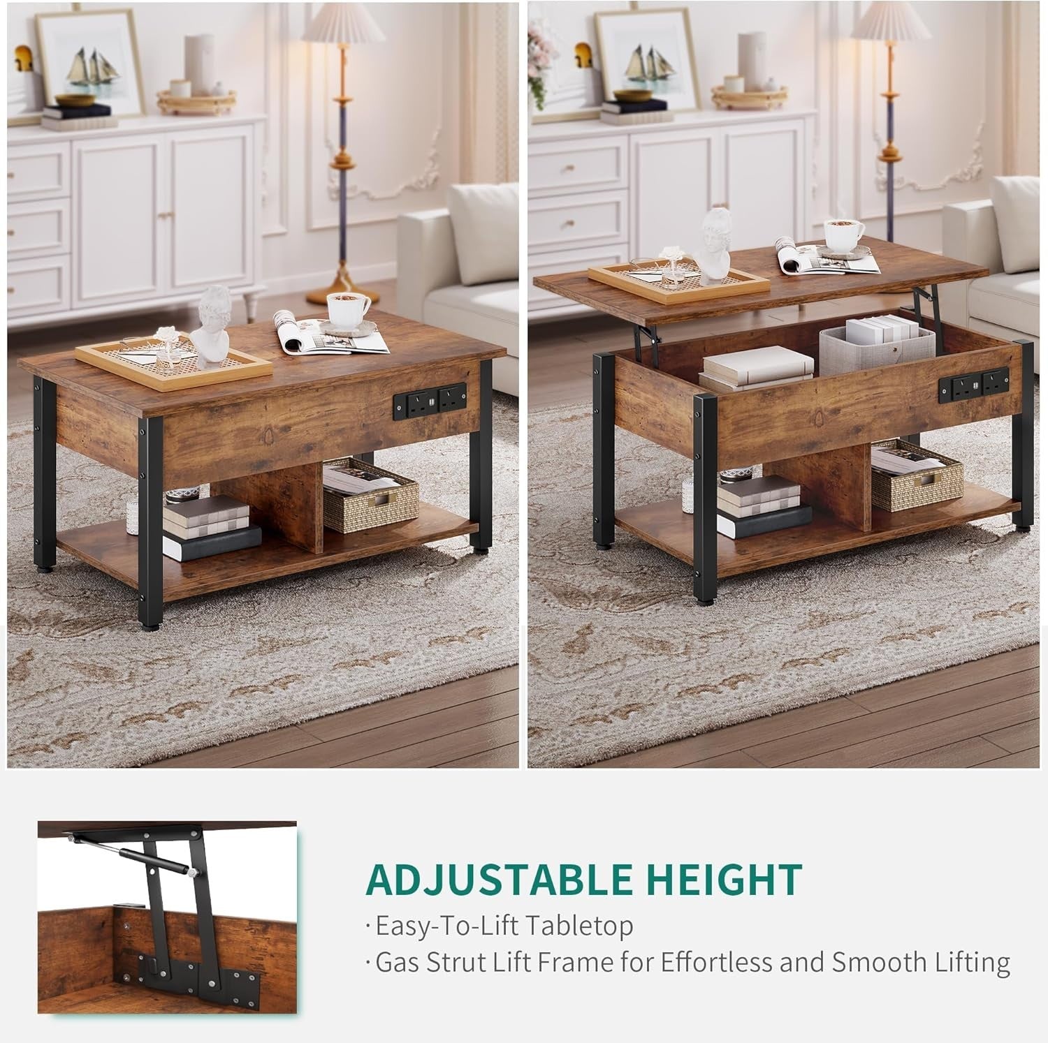 Lift-Top Coffee Table with Hidden Storage & LED Lights, Power Outlets