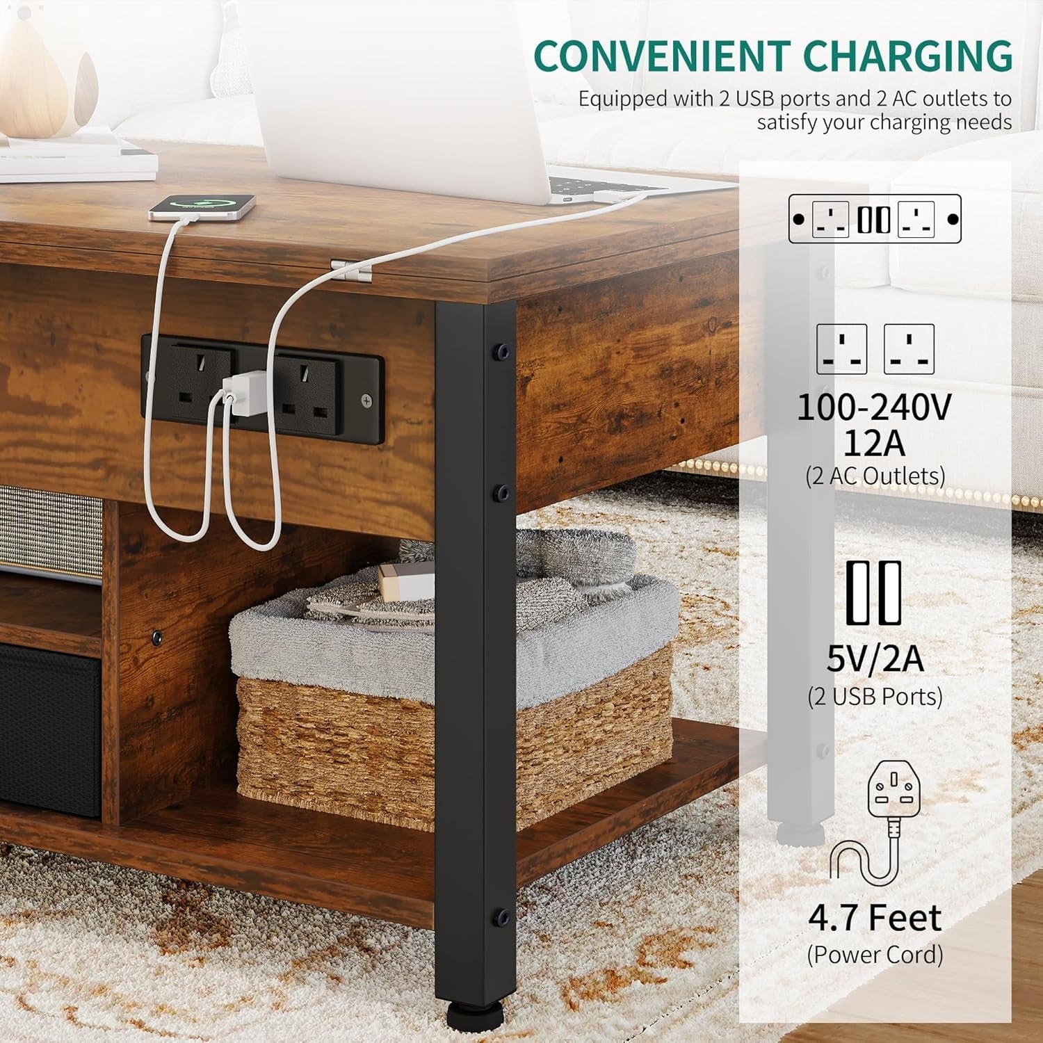 4-in-1 Lift Top Coffee Table with Storage, Charging Ports & RGB LED Lights