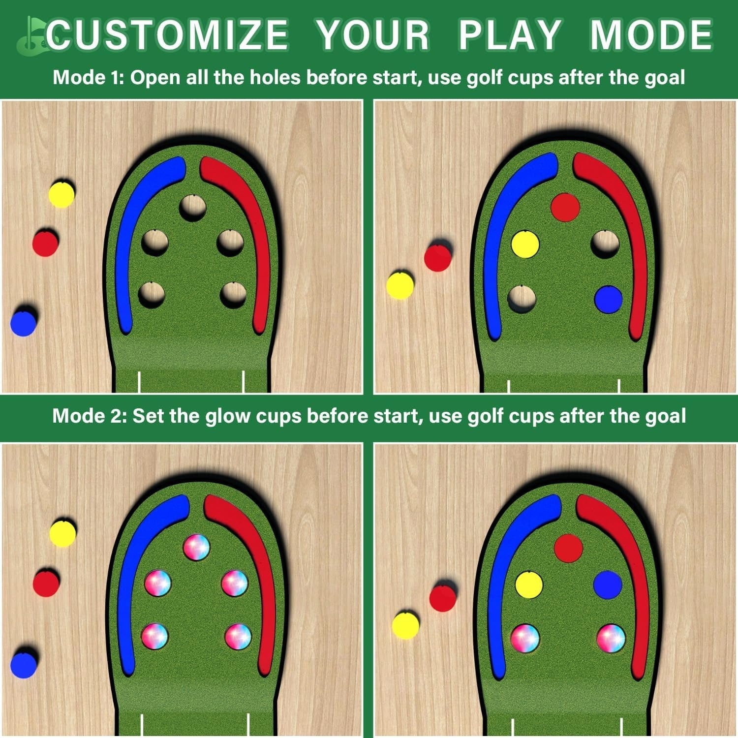 Indoor Golf Putting Mat Game Set LED Balls Glow Cups Kids Adults