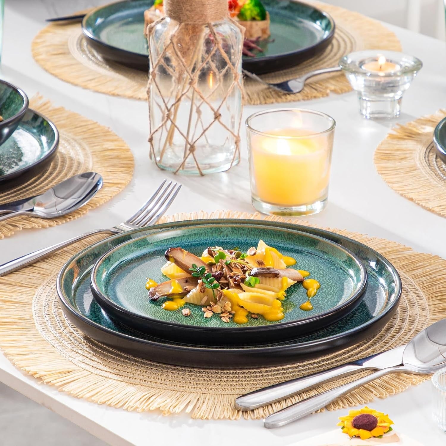 48pc Green Dinner Set Plates Bowls Stoneware Reactive Glaze Service for 12