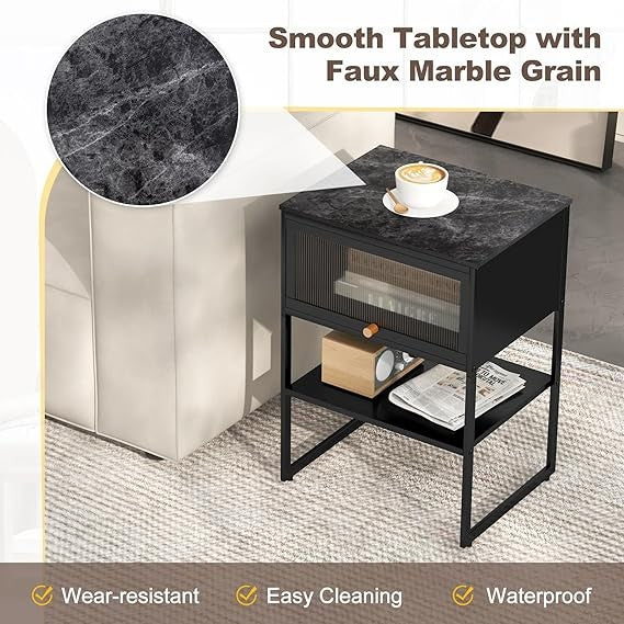 Modern Black Bedside Tables Set of 2 with Flip-Up Door & Storage Shelves