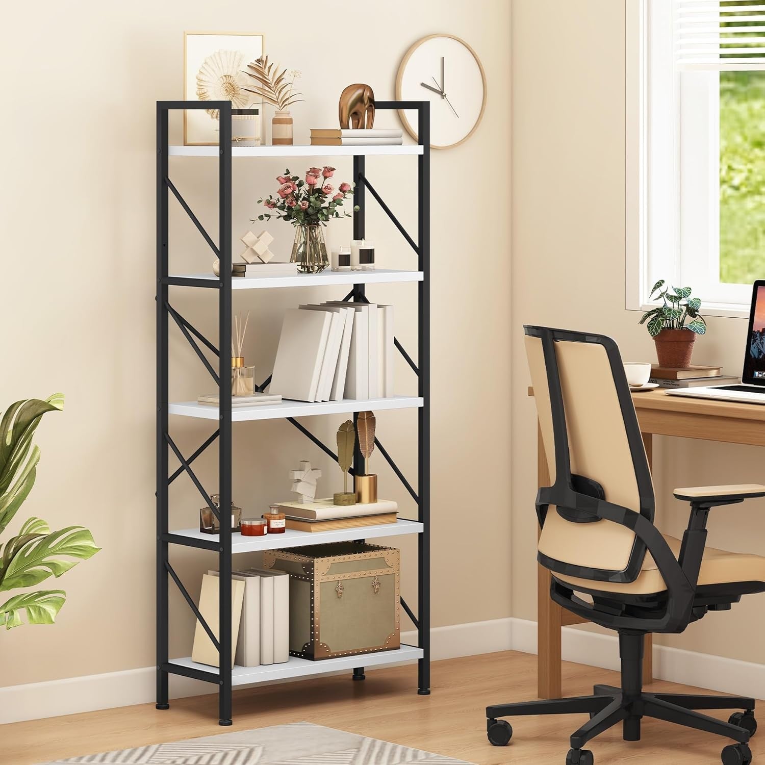 White Industrial 5-Tier Bookshelf Metal Frame Wood Shelving Storage Unit 158cm