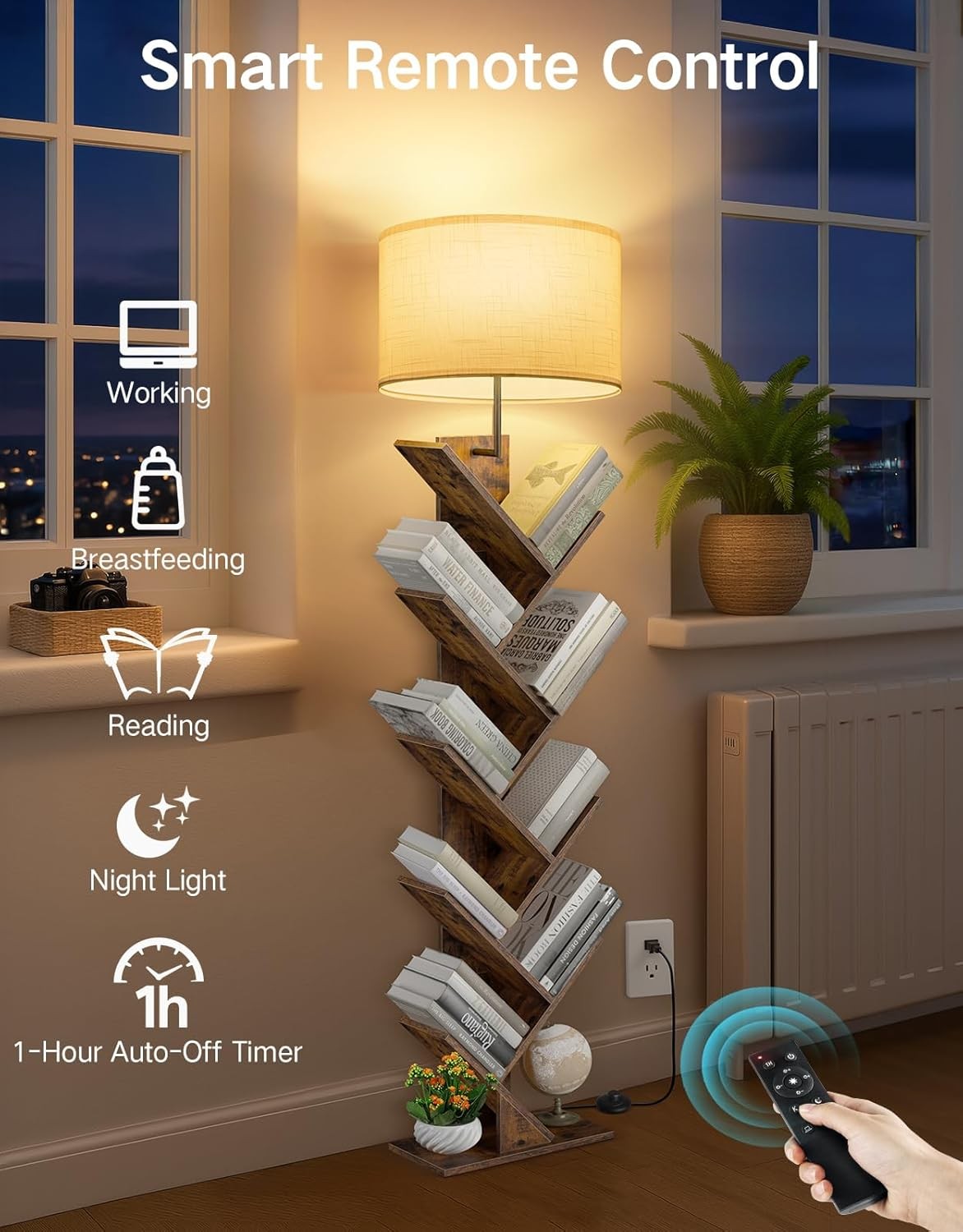 Tree Bookshelf Floor Lamp 9 Tier Wooden Bookcase Light Remote Dimmable