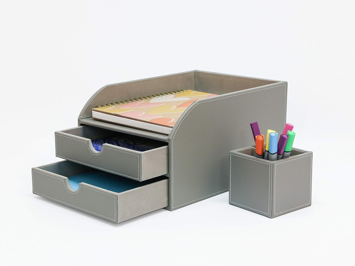 Grey Faux Leather 2-Tier Desk Paper Sorter A4 Document Organiser