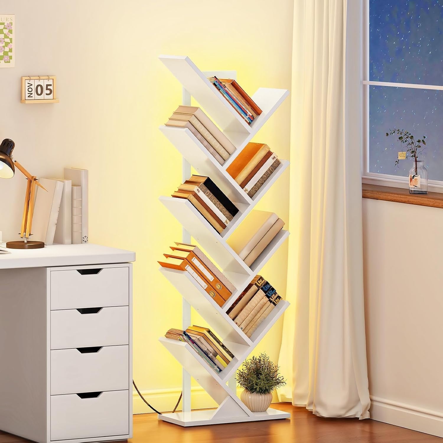 9 Tier Tree Bookshelf with LED Lights Modern Metal Frame Bookcase White