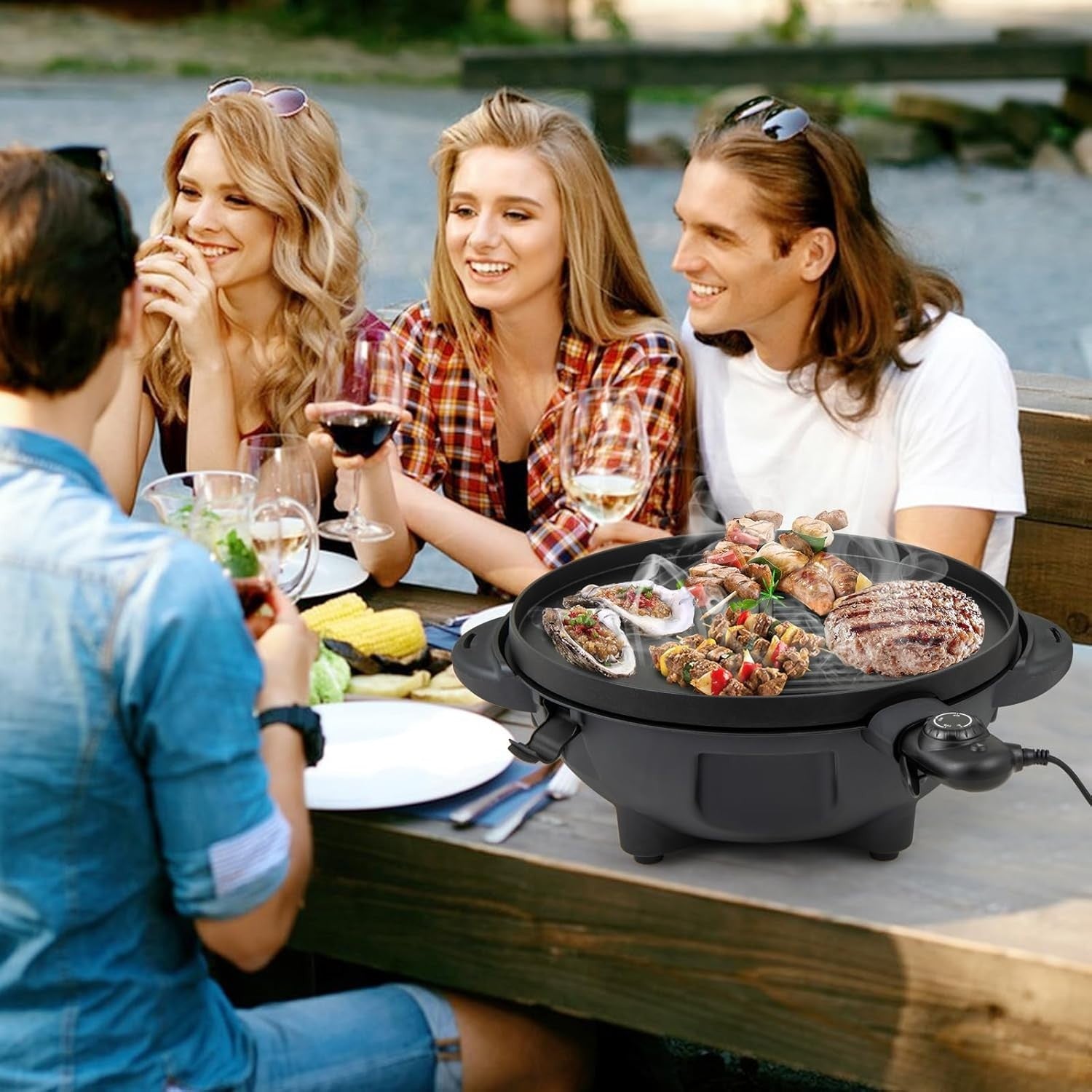2-in-1 Electric BBQ Grill & Table Grill with Stand, Non-Stick Plate