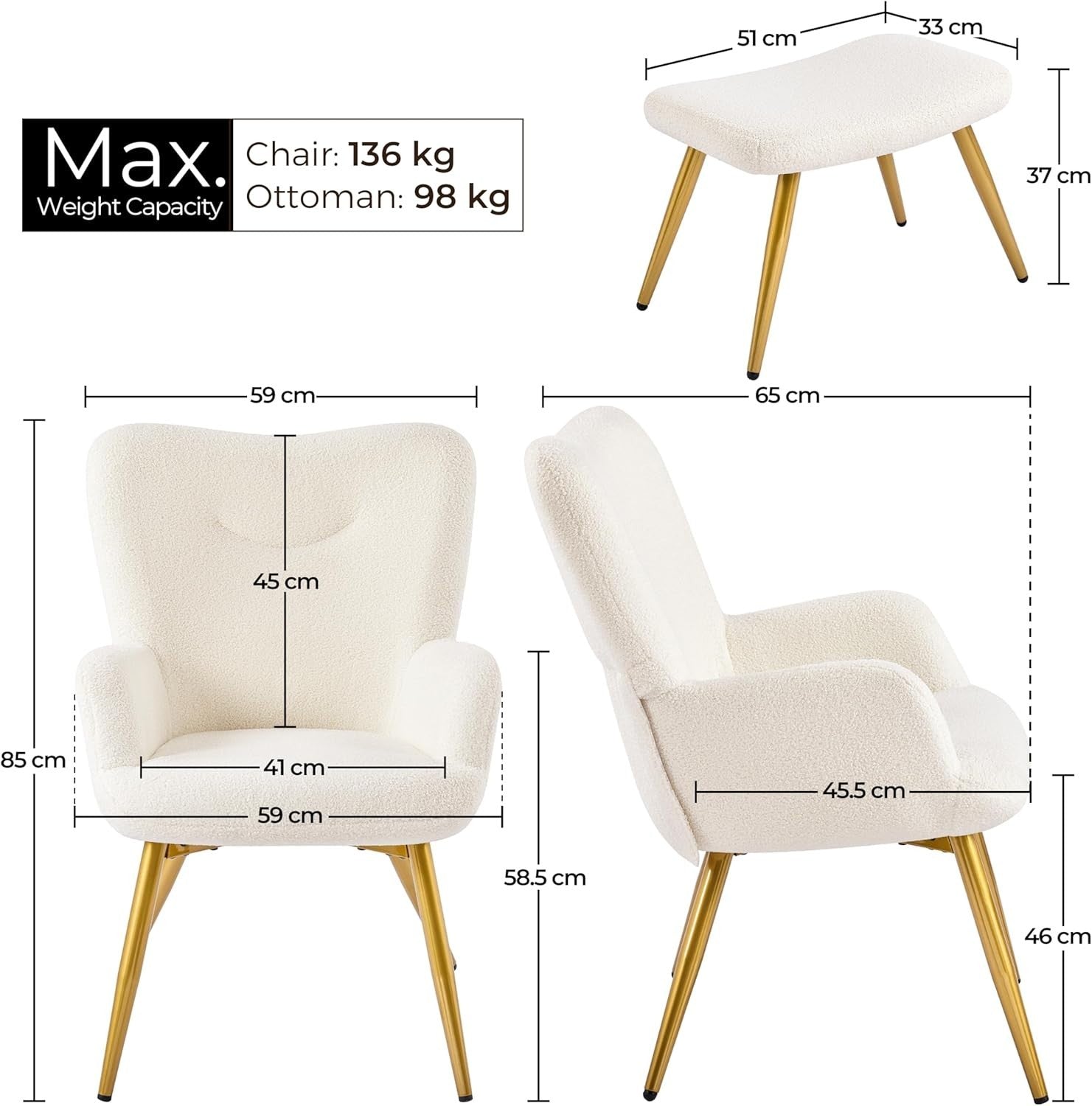 Cozy Ivory Boucle Armchair & Ottoman Set | Plush Lounge Chair with Metal Legs