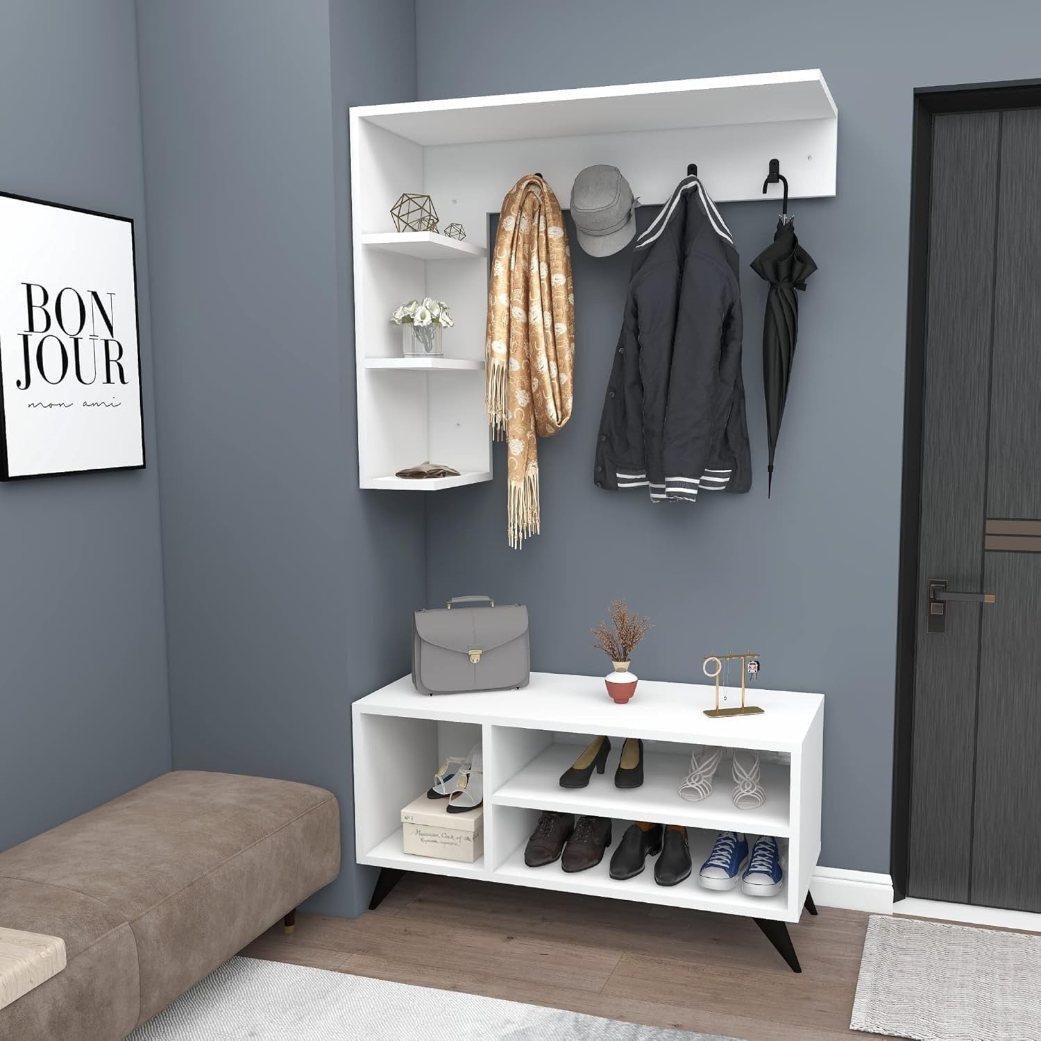 White Coat Rack & Shoe Storage Bench – Modern Wall Hallway Organizer Unit