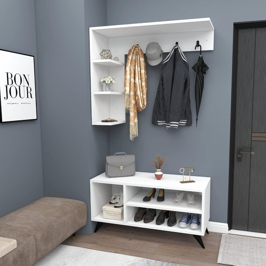 White Coat Rack & Shoe Storage Bench – Modern Wall Hallway Organizer Unit