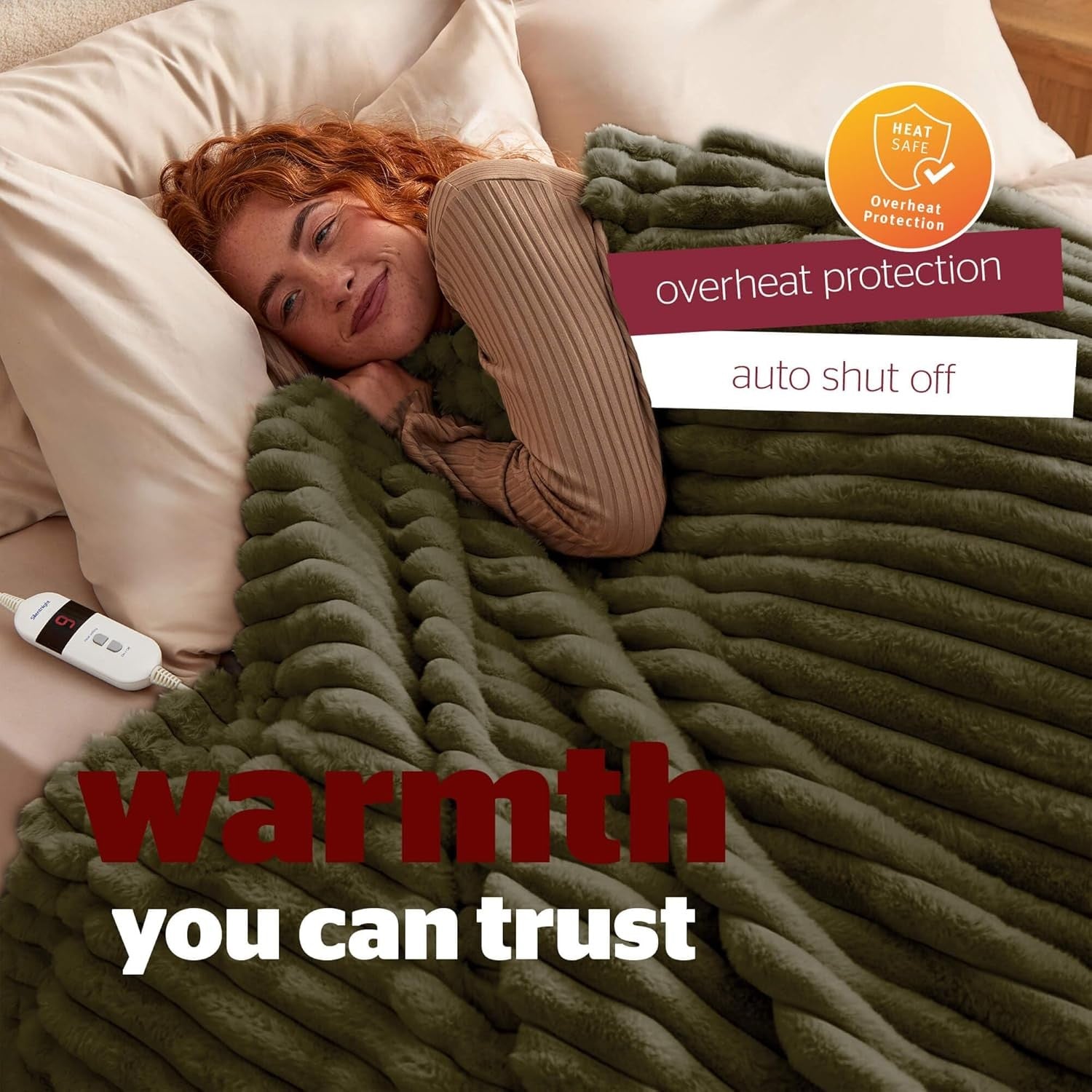 Luxury Heated Throw Blanket Faux Fur Ribbed 9 Heat Settings Washable 120x160cm
