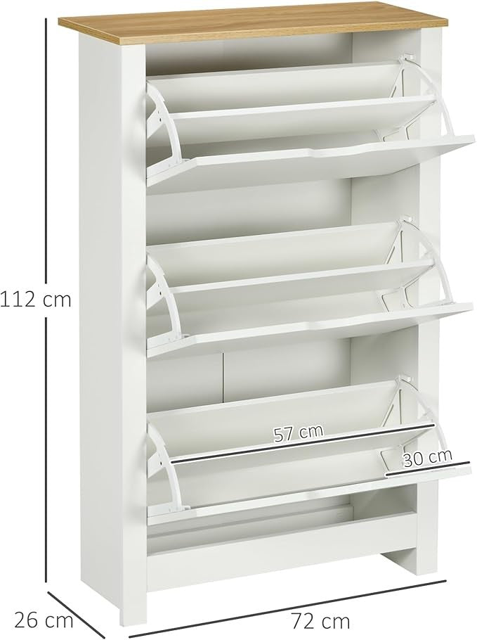 White 3 Drawer Shoe Cabinet with Flip Doors, Adjustable Shelves Hallway Storage