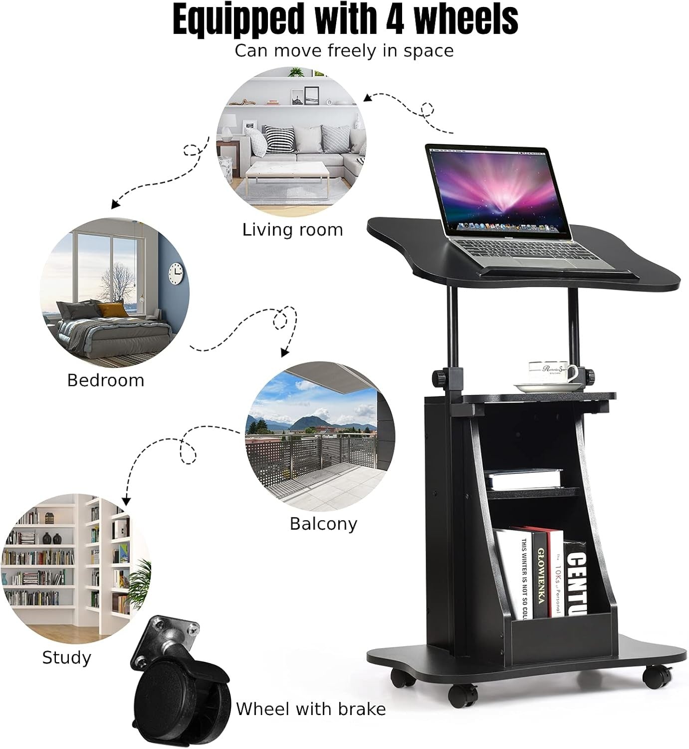 Height Adjustable Overbed Laptop Table with Storage Cabinet on Wheels Black