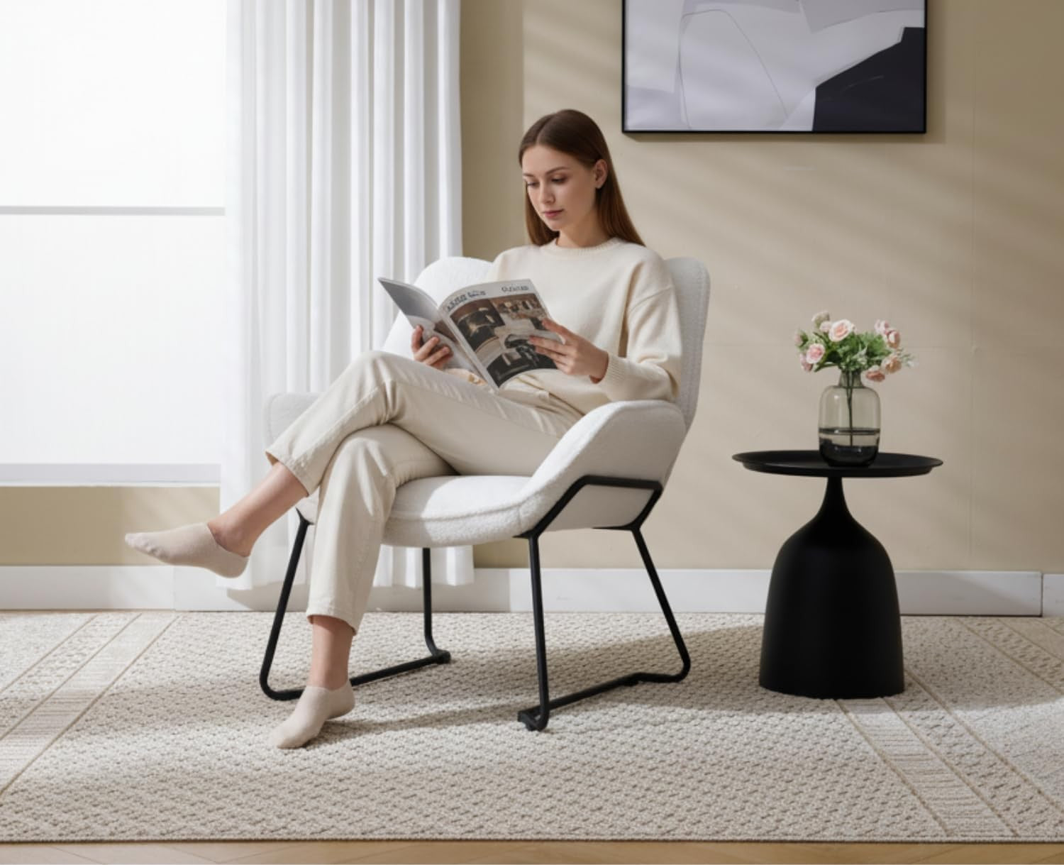White Faux Fur Armchair Tub Chair Upholstered Metal Legs