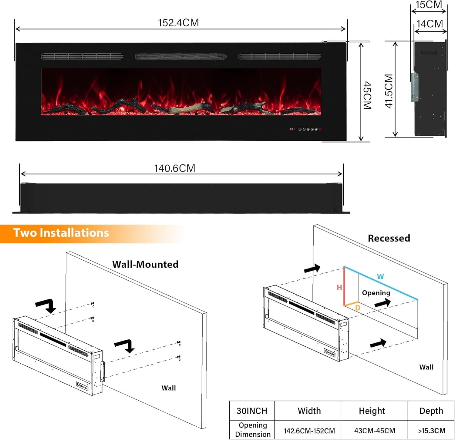 60” Wall Mounted Electric Fireplace Heater LED Flame, Remote & Timer