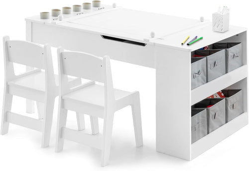 Kids Art Table and Chair Set with Storage Bins & Easel Desk White 6 Cups