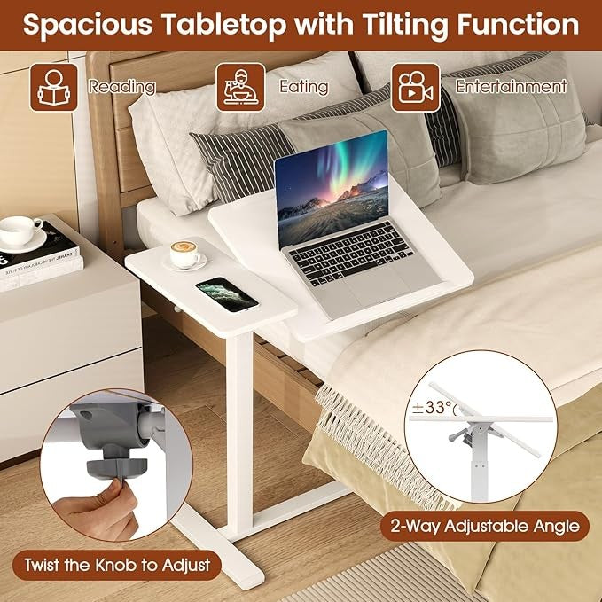 Mobile Laptop Table Height Adjustable C Shaped Desk with Wheels White 68x40cm