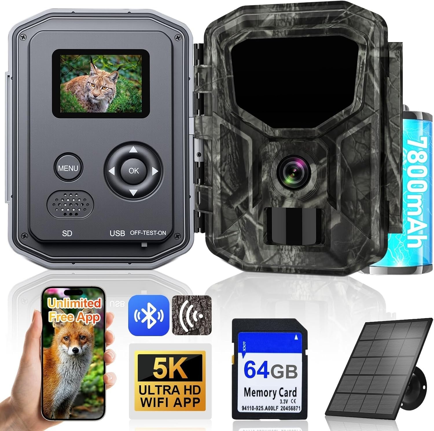 5K Wildlife Camera Night Vision Trail Cam WiFi Solar 64GB IP66