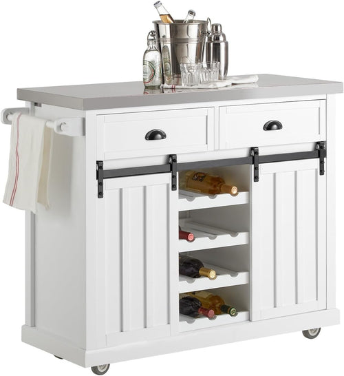 Kitchen Island Trolley Stainless Steel Top Storage Cabinet Wine Rack