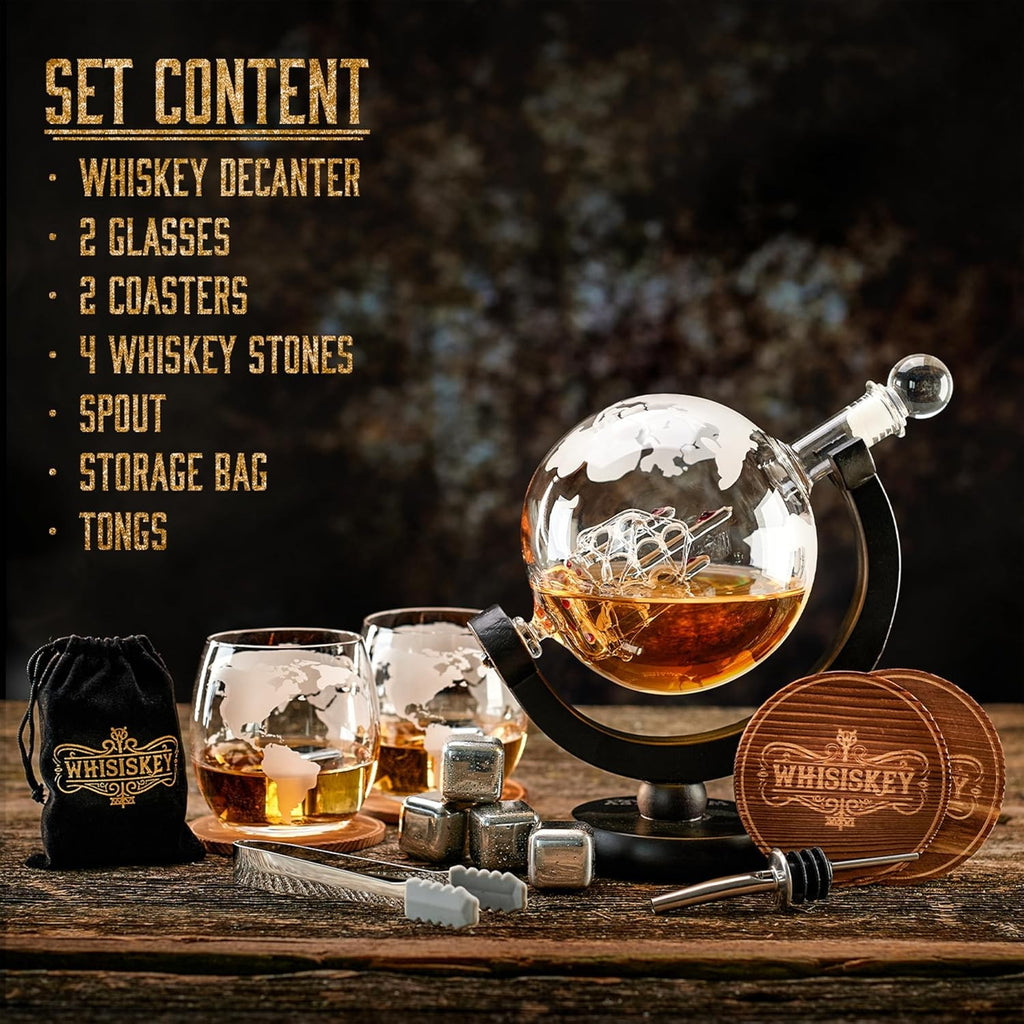 900ml Globe Whiskey Decanter Set with Glasses Stones Tongs Luxury Gift Men