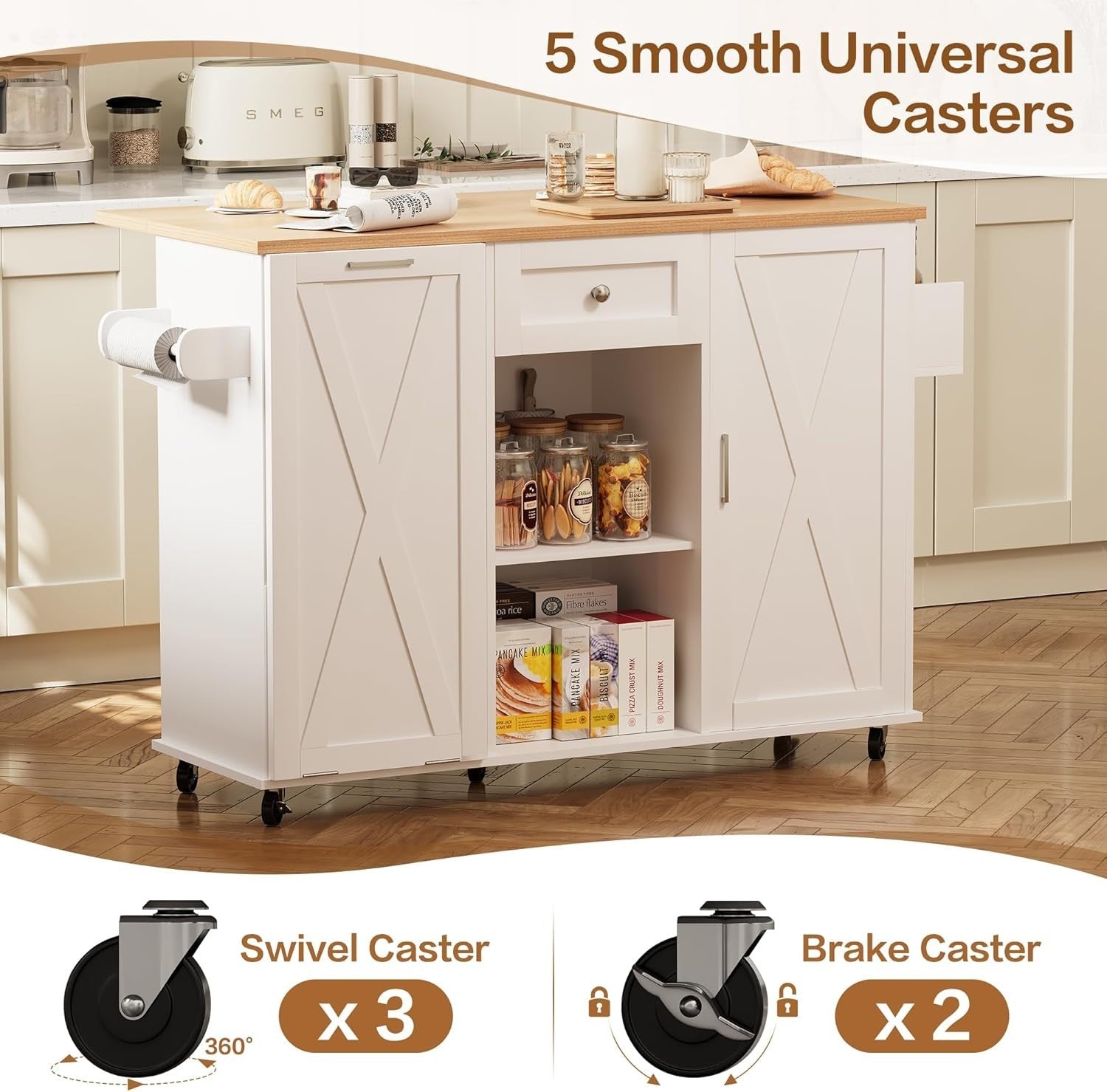 Rolling Kitchen Island Cart with Drop-Leaf, Trash Storage & Spice Rack, 120x40x8