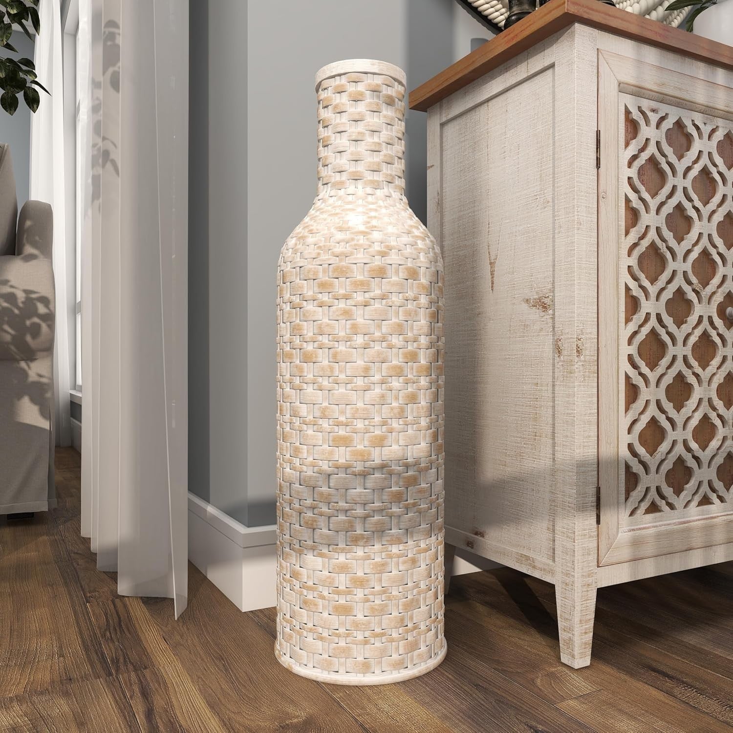 Tall Bamboo Floor Vase White Woven Cylinder Modern Home Decor 76cm