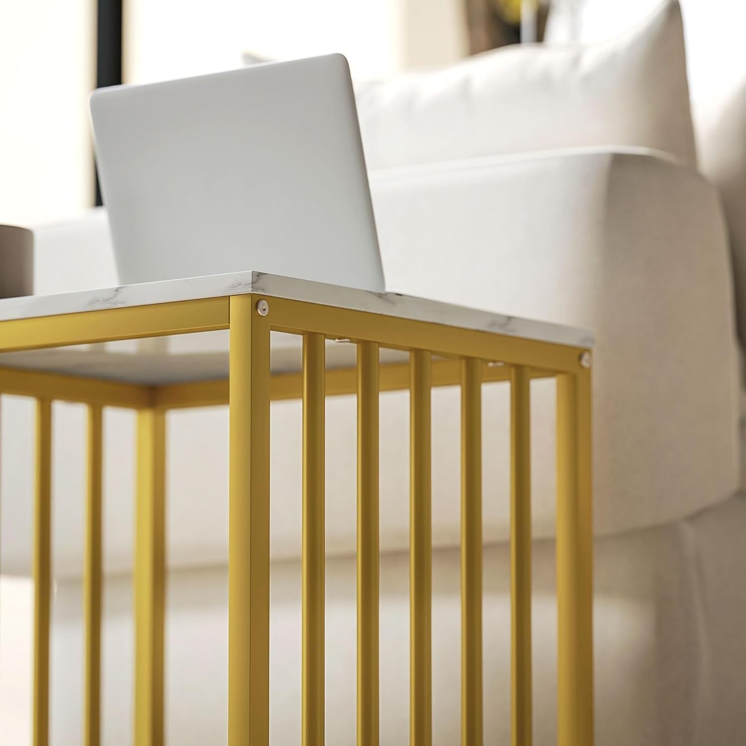 Nest of 2 Side End Coffee Tables Gold Metal Frame Wood Top Bedroom Living Room