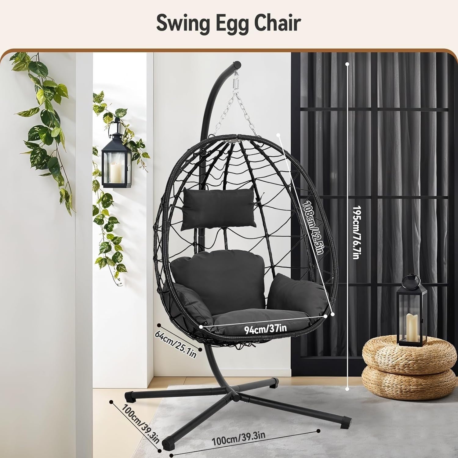 Hanging Egg Chair with Stand Cushioned Rattan Swing Seat Indoor Outdoor