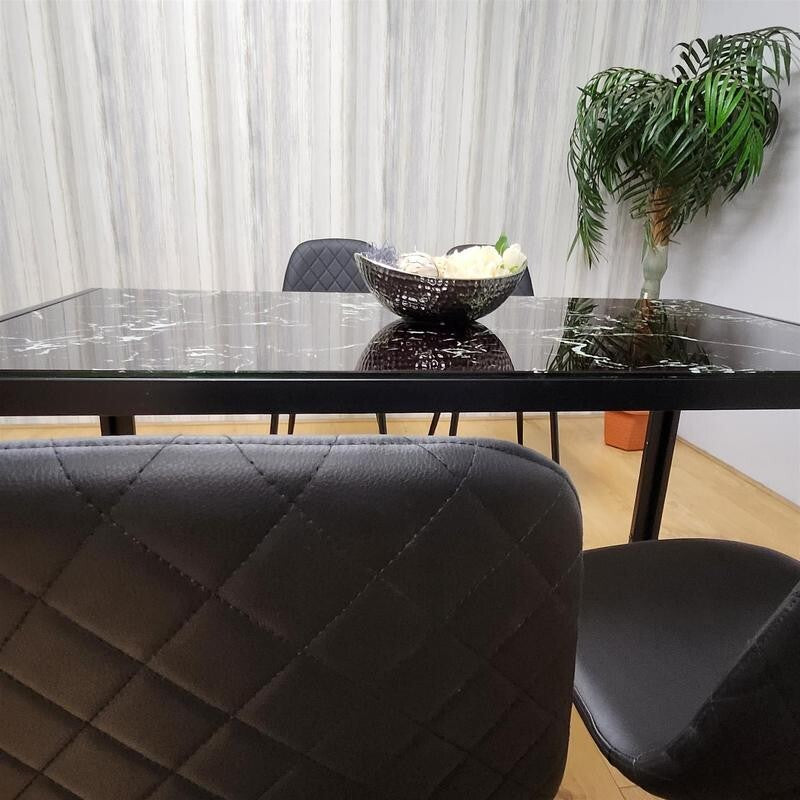 Black Marble Dining Table Set with 4 Leather Chairs Glass Top Kitchen