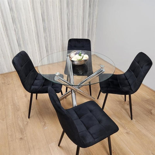 Round Glass Dining Table Set with 4 Black Velvet Chairs Chrome Legs
