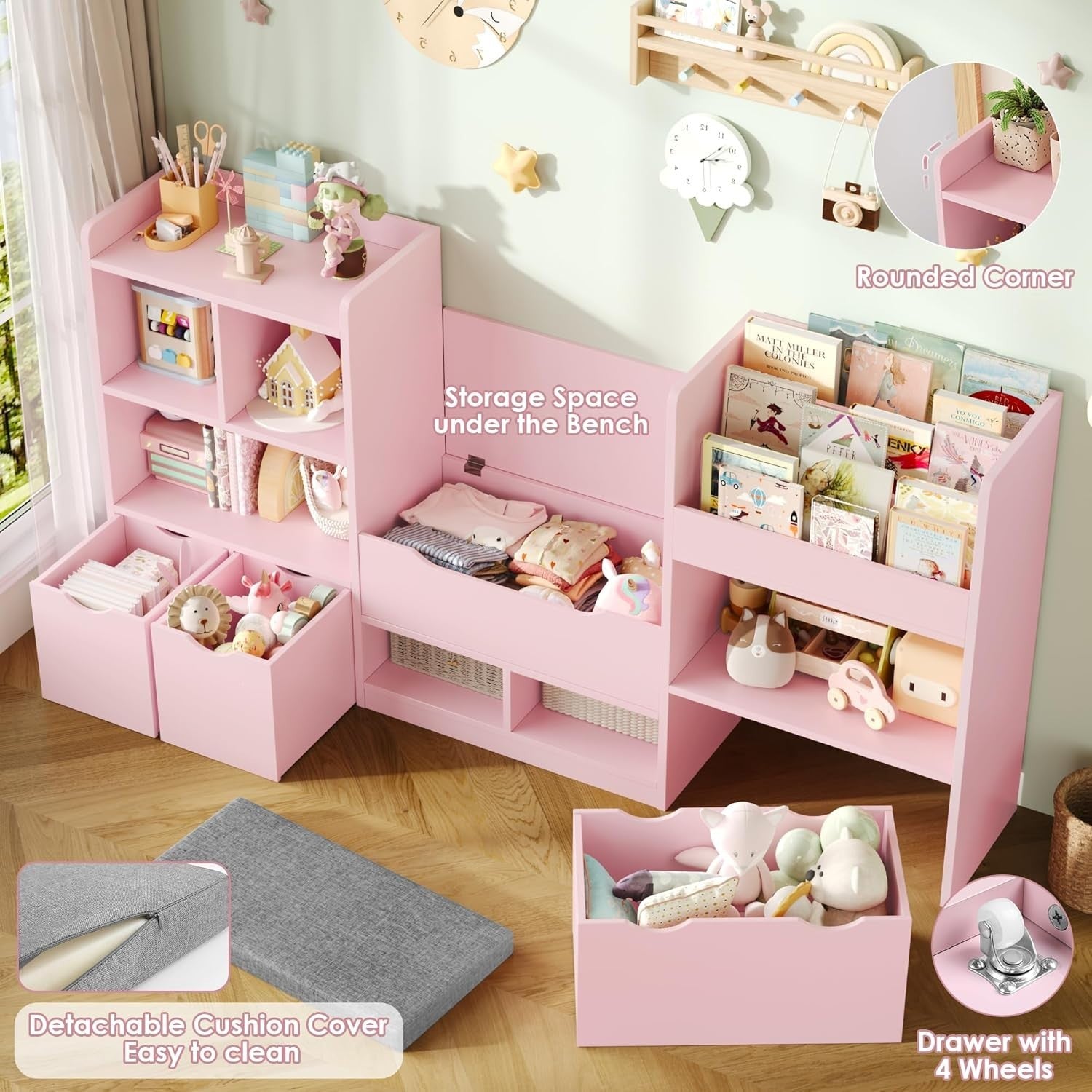 Kids Toy Storage Unit with Bench, 3 Drawers & 7 Shelves – Pink Organizer