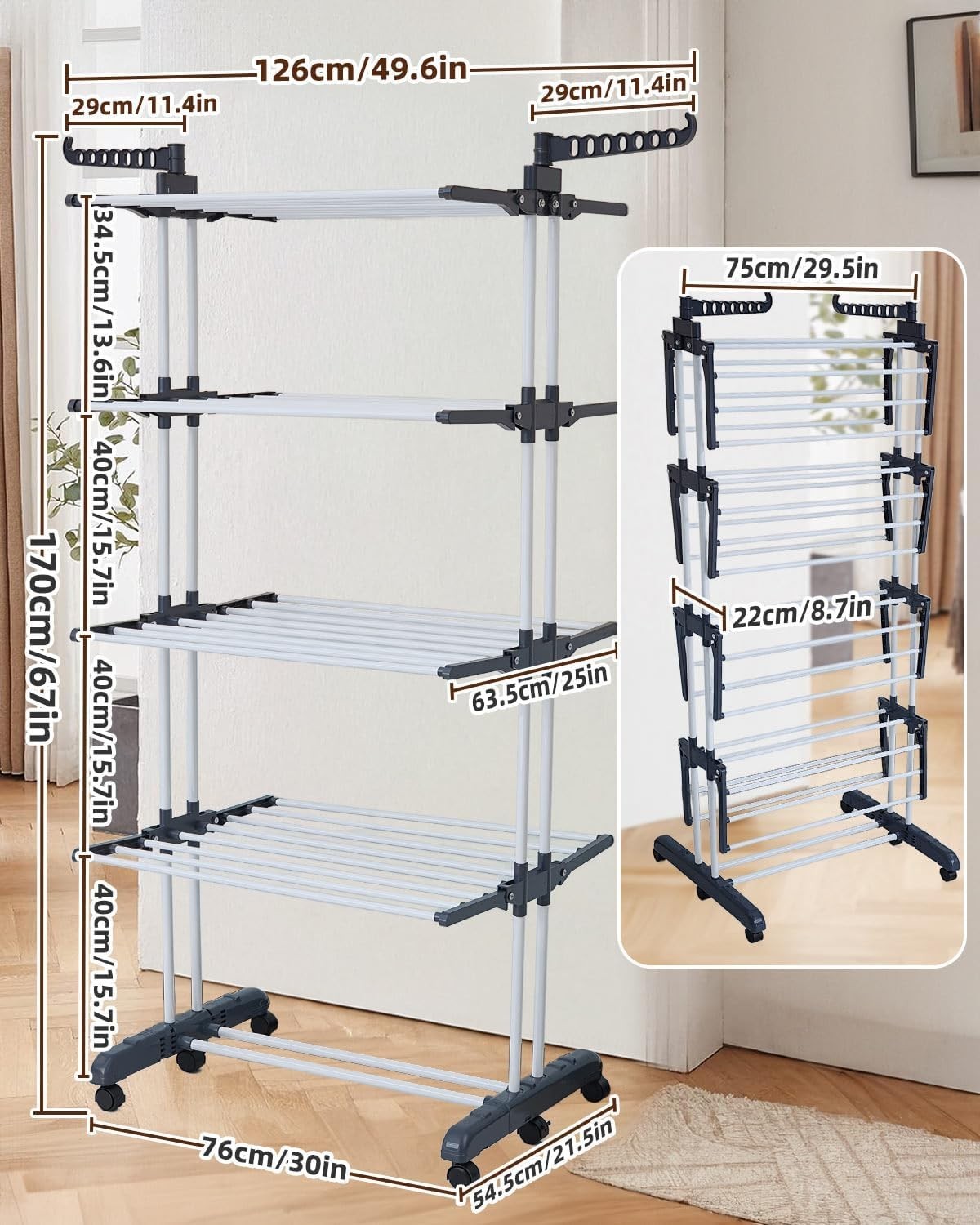 5-Tier Foldable Stainless Steel Clothes Drying Rack with Wheels – Grey