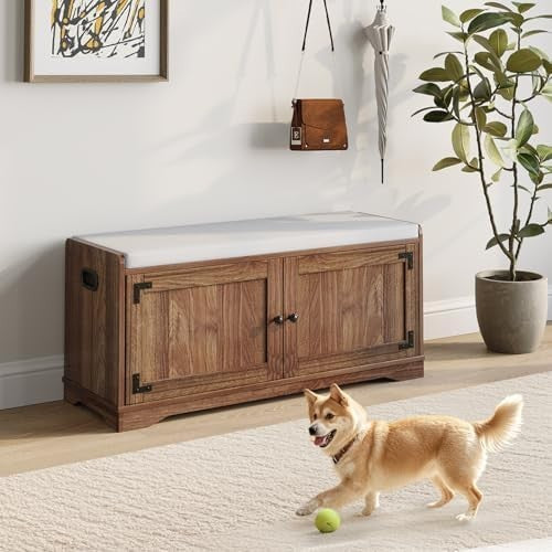 Rustic Brown Shoe Storage Bench, Cushion Seat 2-Door Cabinet & Adjustable Shelve