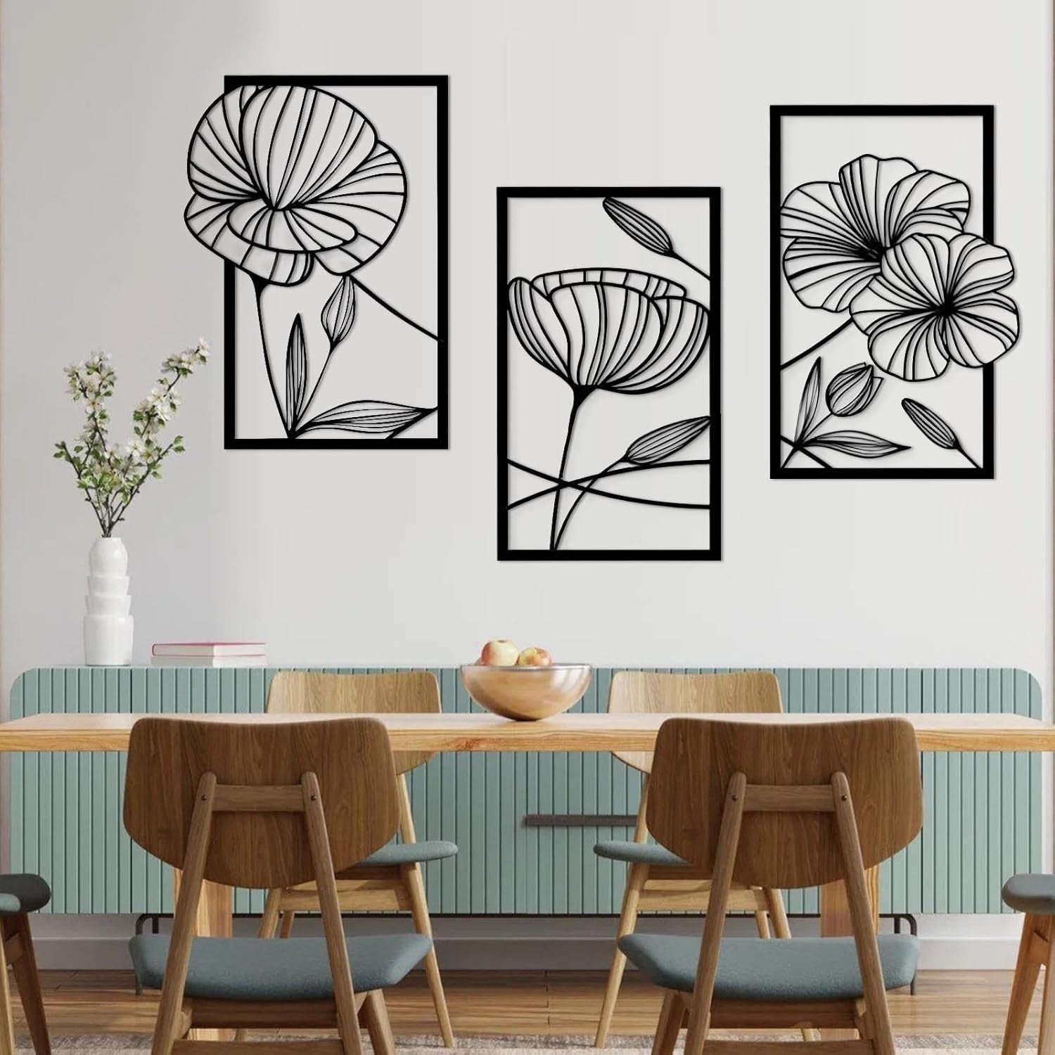 Black Metal Wall Art Set of 4 Lotus Flower 3D Line Sculptures Modern Decor