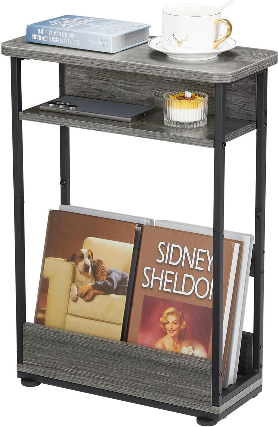 Slim Grey Side Table for Small Spaces – 3-Tier Narrow Nightstand Unit