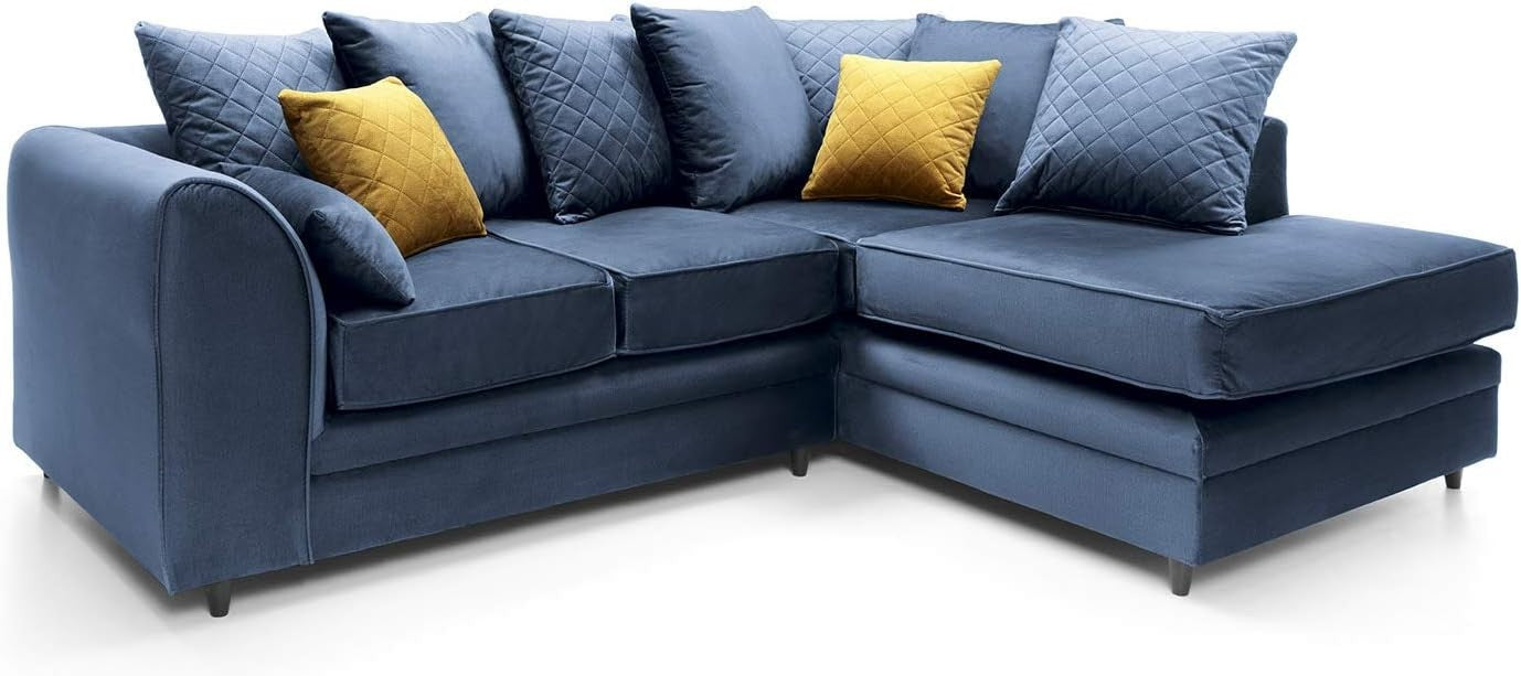 Right Hand Dark Blue L Shape Corner Sofa Velvet Water-Repellent Comfort