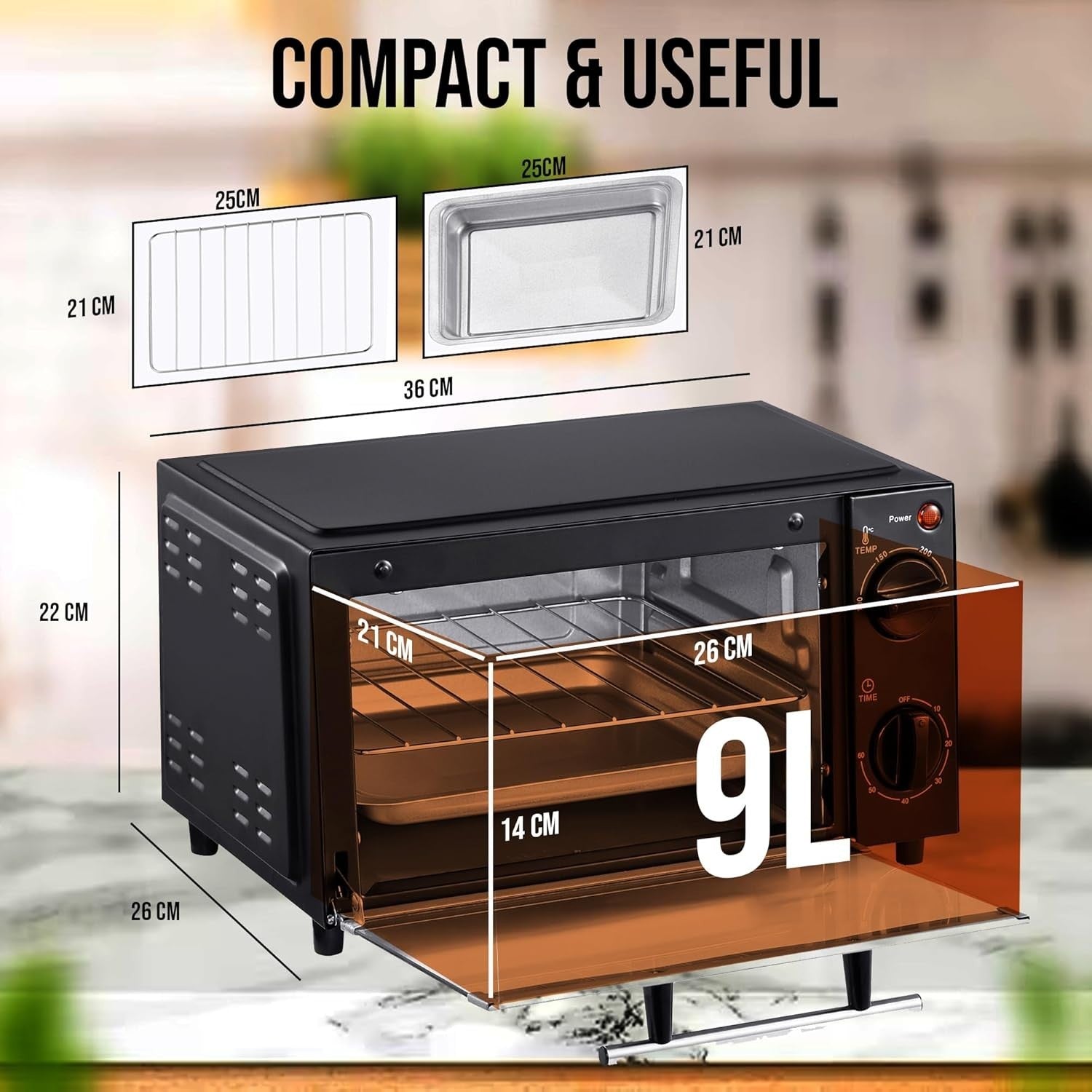 9L Mini Toaster Oven Portable Baking Grill 750W Adjustable Temp Timer