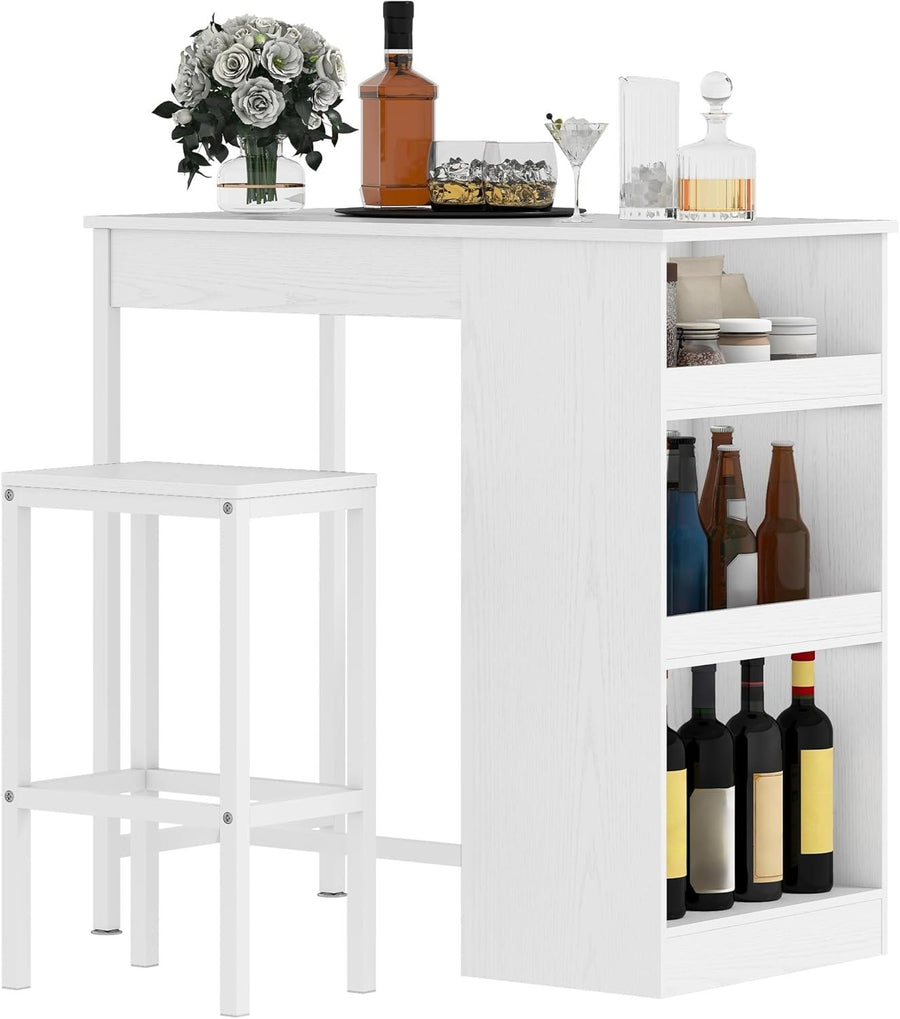 White Bar Table Set with 2 Stools Industrial Wood Top and Storage Shelves