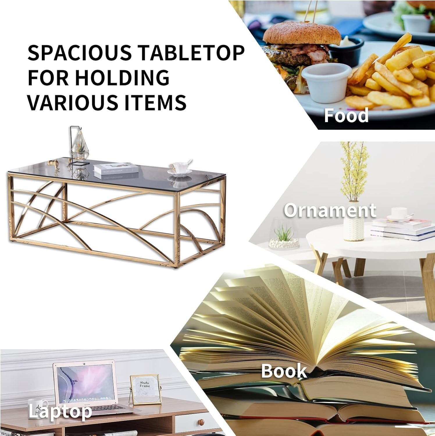 Gold Glass Coffee Table 120cm | Modern Stainless Steel Frame | Dark Grey Top
