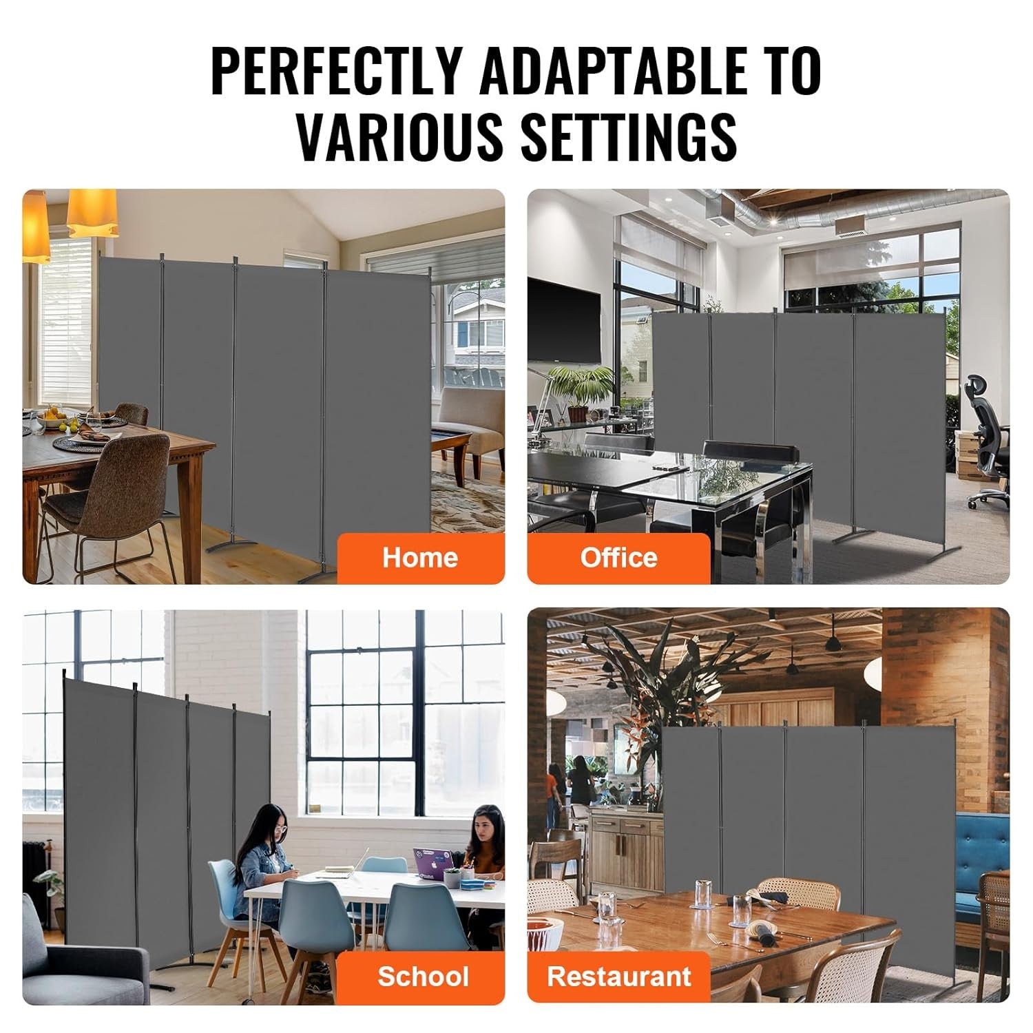 4 Panel Folding Room Divider Grey Fabric Freestanding Privacy Screen 360x184cm