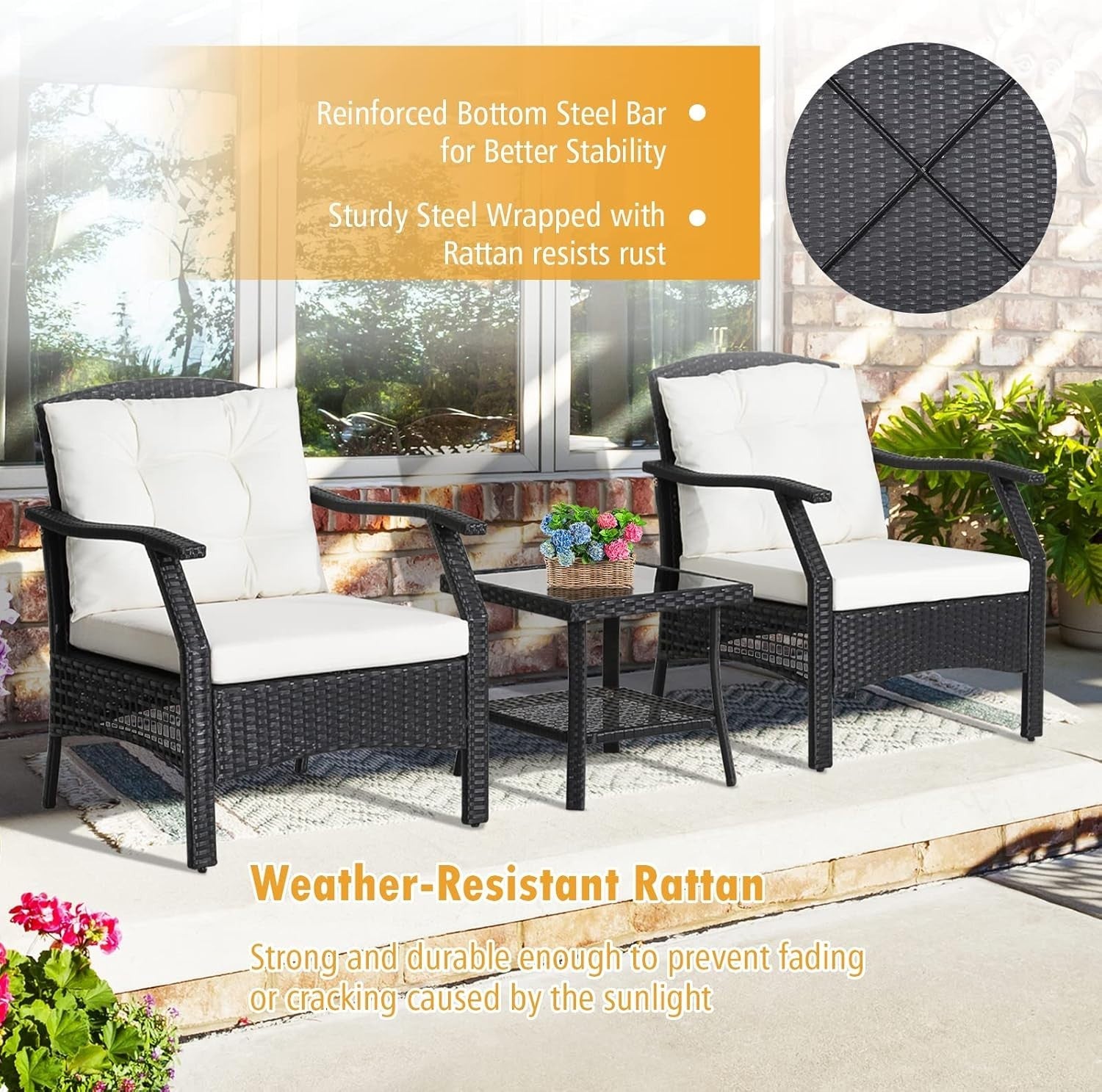 3pc Outdoor Rattan Garden Chairs Set with Cushioned Seating & Glass Table