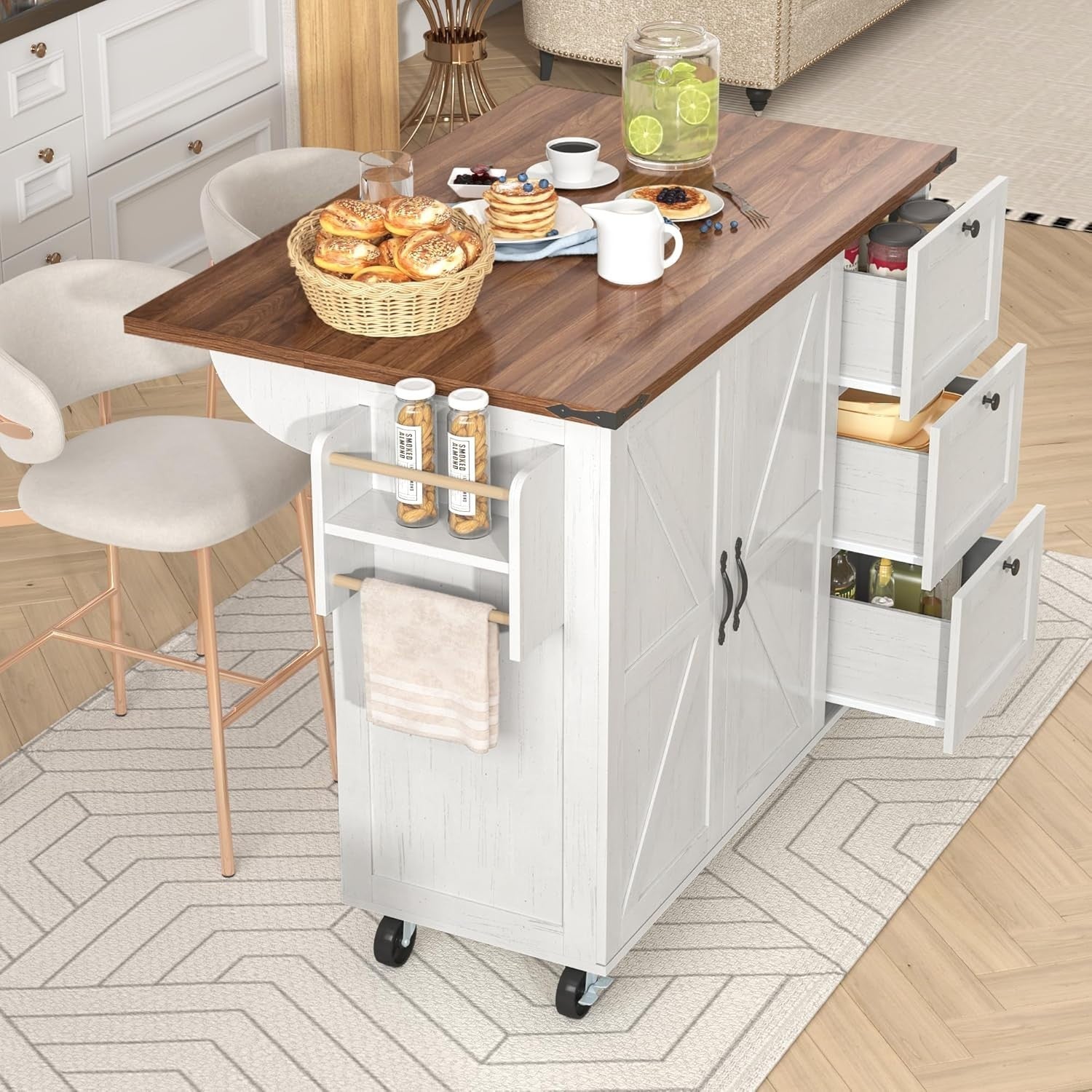Spacious Kitchen Island Cart with Extendable Worktop, 2 Doors & 3 Drawers